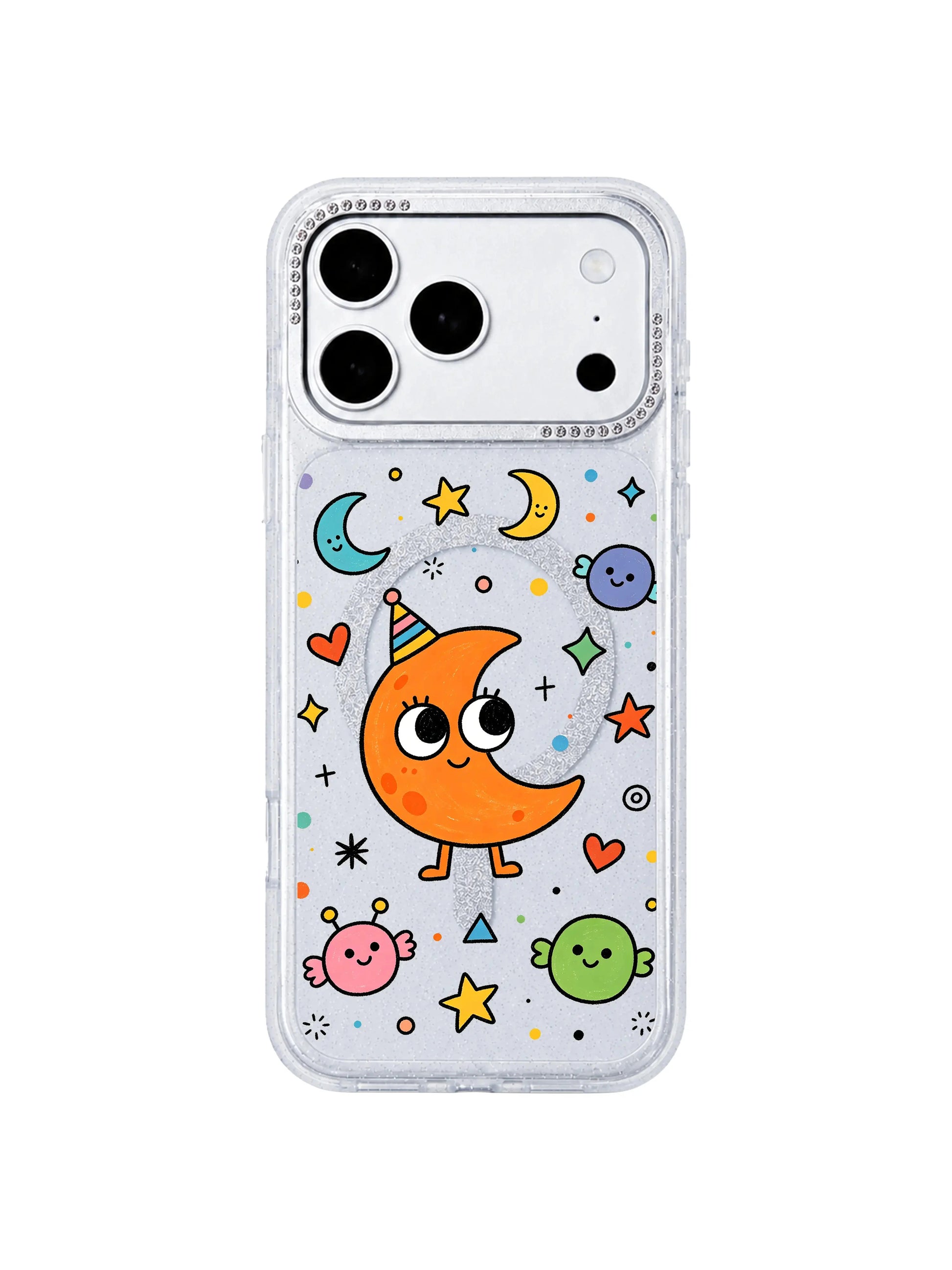 PhoneCasing brand trust graphic highlighting domestic California manufacturing for Orange Moon Monster iPhone 17 Pro Max case, locally printed limited artist collaboration wearable art asset for iPhone 17 Pro Max protective casing