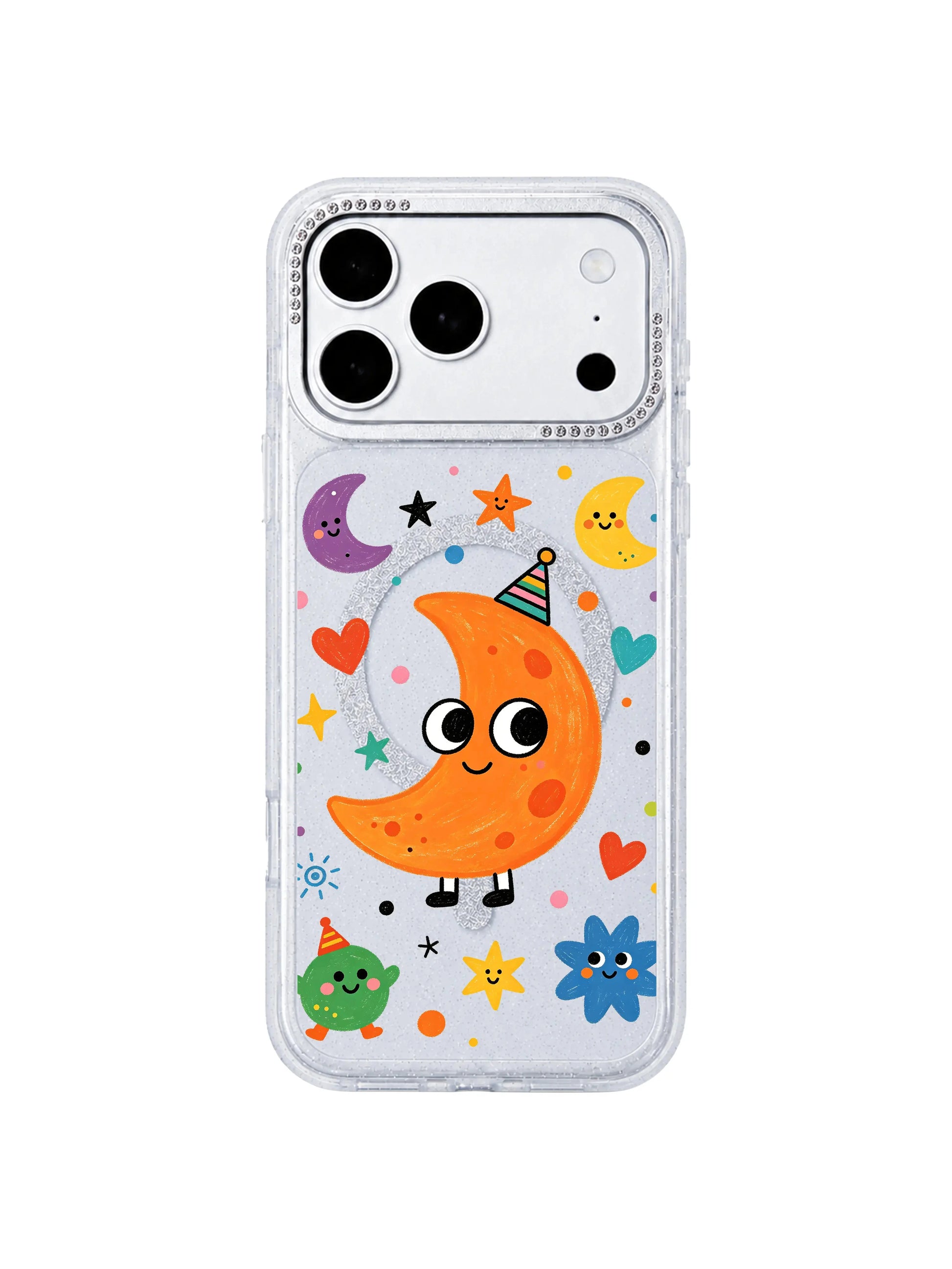 PhoneCasing soft warm indoor cozy atmosphere lifestyle image featuring Orange Moon Monster iPhone 17 Pro Max case, relaxed nightly carry scene with gentle comforting moon print on glitter clear iPhone 17 Pro Max casing