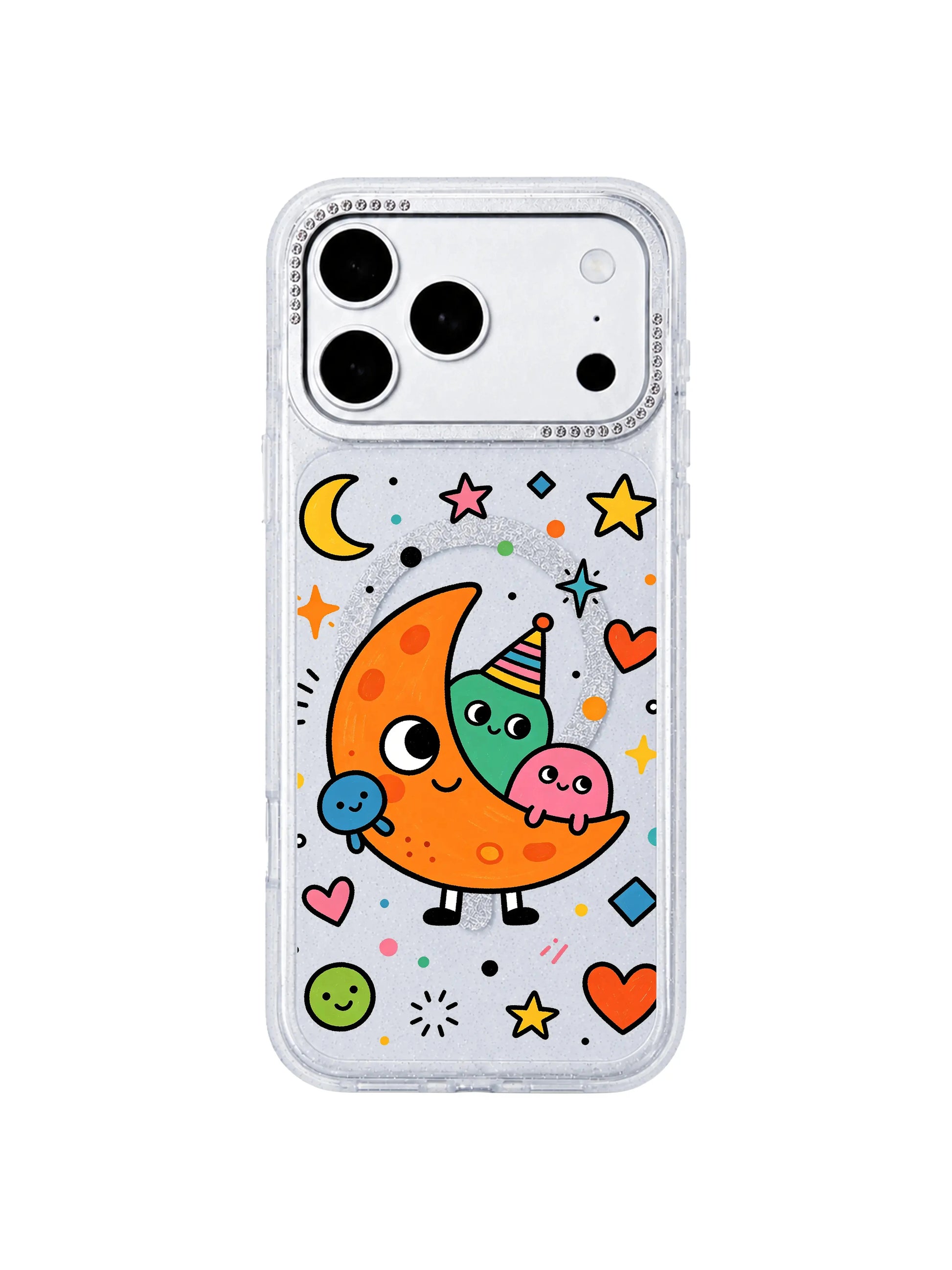 PhoneCasing wide horizontal homepage category banner with full Orange Moon Monster pattern grid print on iPhone 17 Pro Max case, complete layout of orange crescent moon and colorful space blob monster characters, collection hero banner for iPhone 17 Pro Max case category page