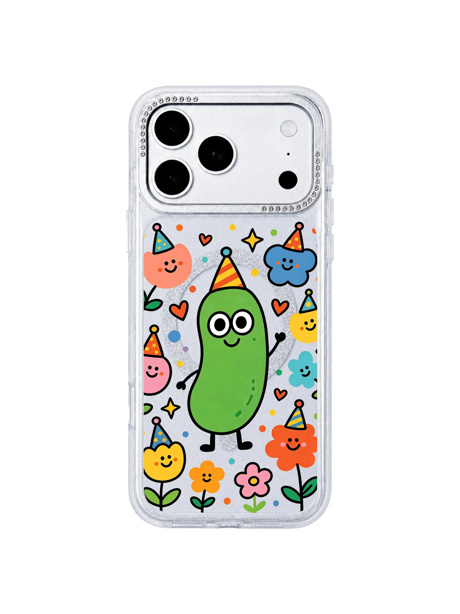 PhoneCasing soft warm cozy interior lifestyle image with Pickle Garden Dance iPhone 17 Pro Max case, relaxed daily styling featuring uplifting spring doodles on the glitter iPhone 17 Pro Max casing