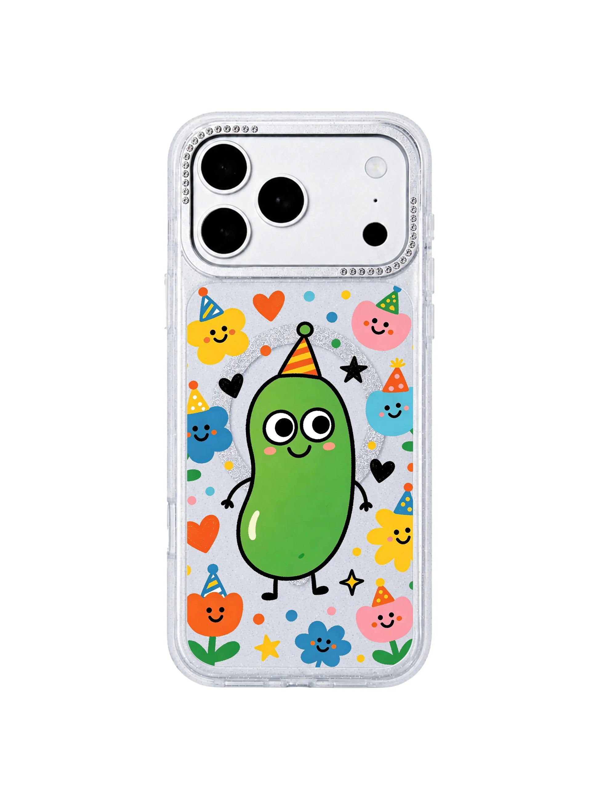 PhoneCasing macro close-up of bling crystal rhinestone camera bezel on Pickle Party Hat iPhone 17 Pro Max case, elevated scratch-proof lens lip highlighting premium detailing of the iPhone 17 Pro Max casing