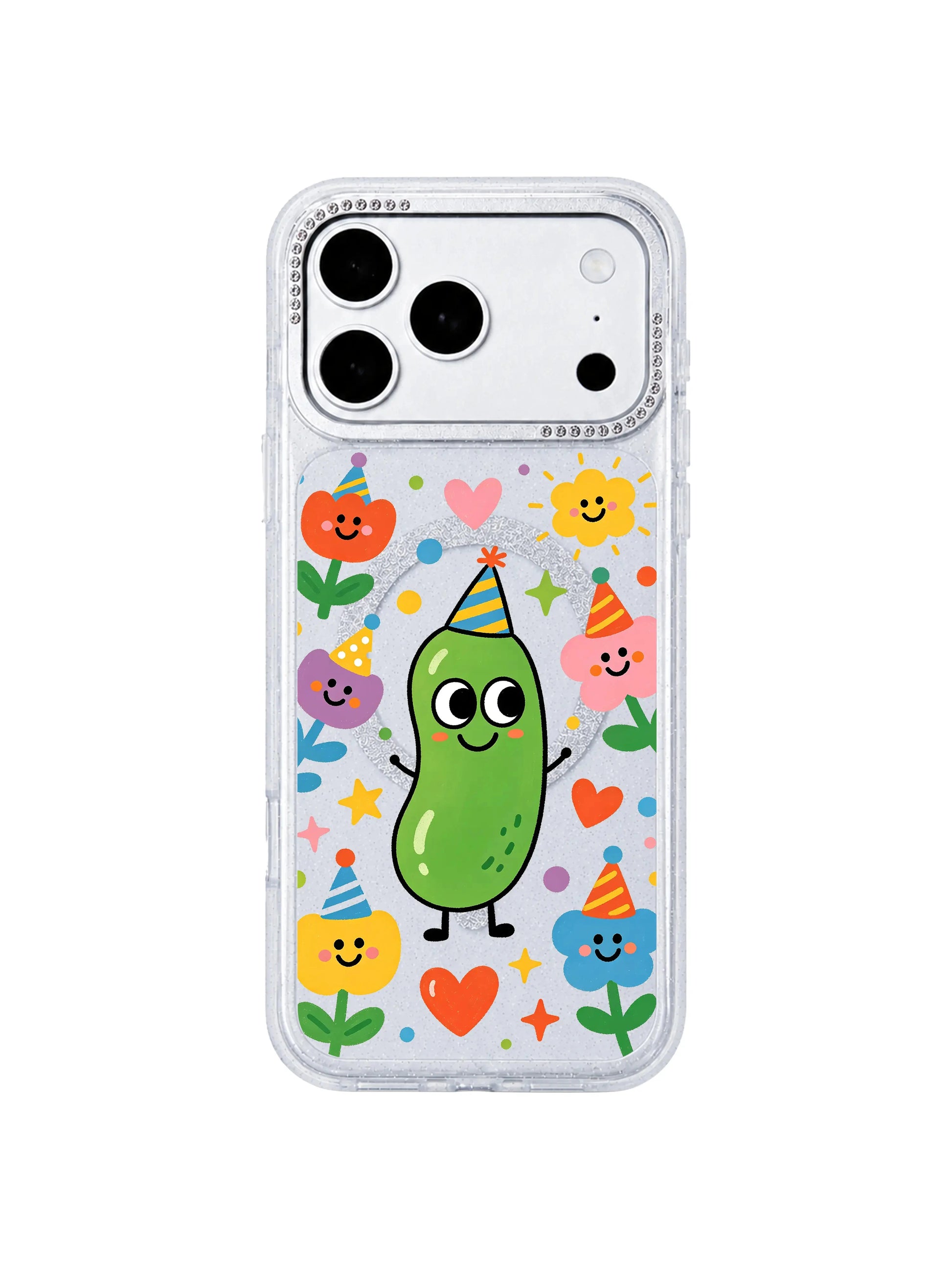 PhoneCasing reinforced anti-drop corner demo shot for Pickle Spring Festival iPhone 17 Pro Max case, shock-absorbent silicone proof for scratch-resistant durable iPhone 17 Pro Max protective casing with vibrant spring character illustrations
