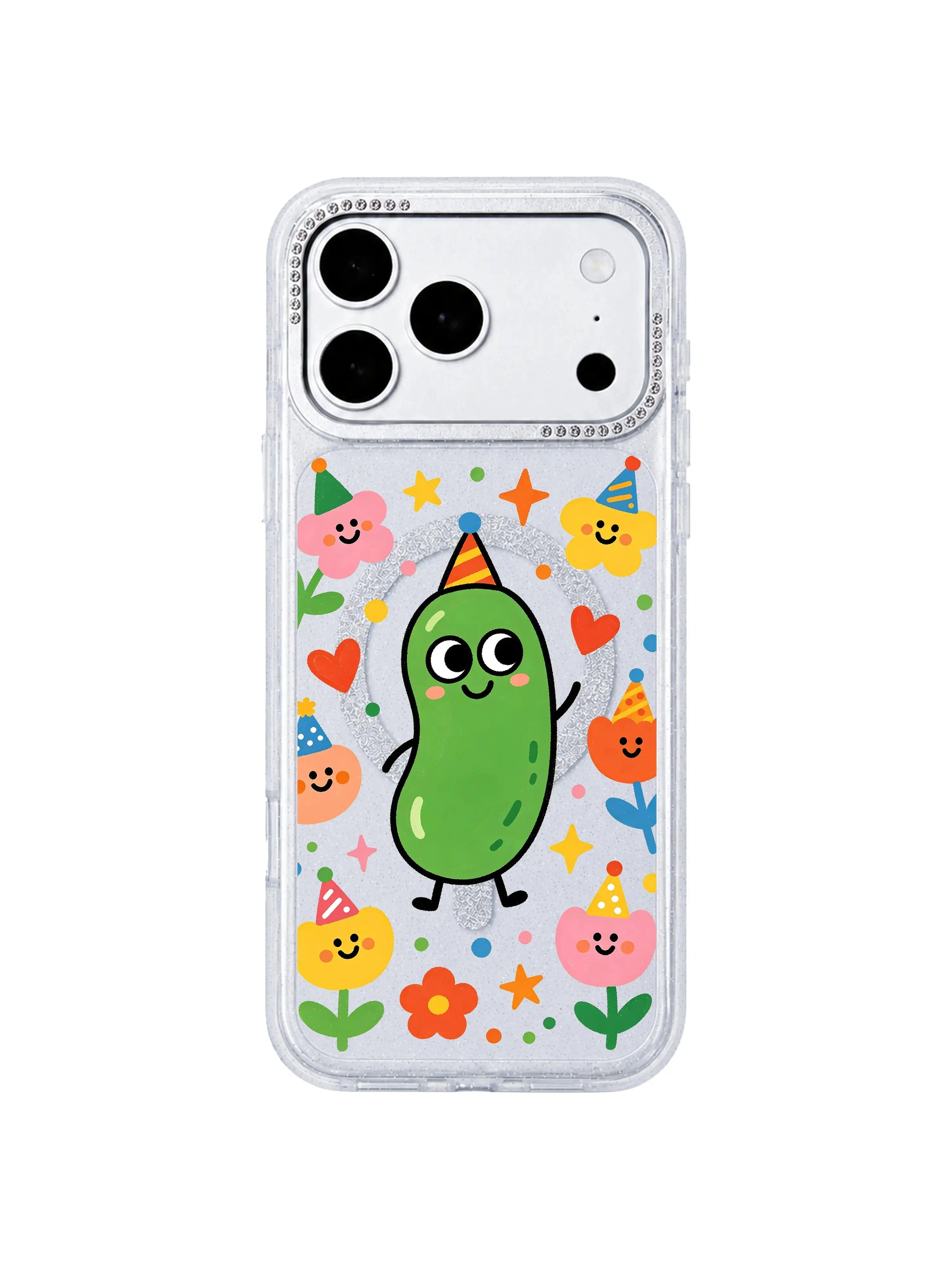PhoneCasing partial back close-up showing integrated MagSafe wireless charging ring inside Pickle Spring Friends iPhone 17 Pro Max case, seamless magnetic compatibility feature showcase for the iPhone 17 Pro Max casing