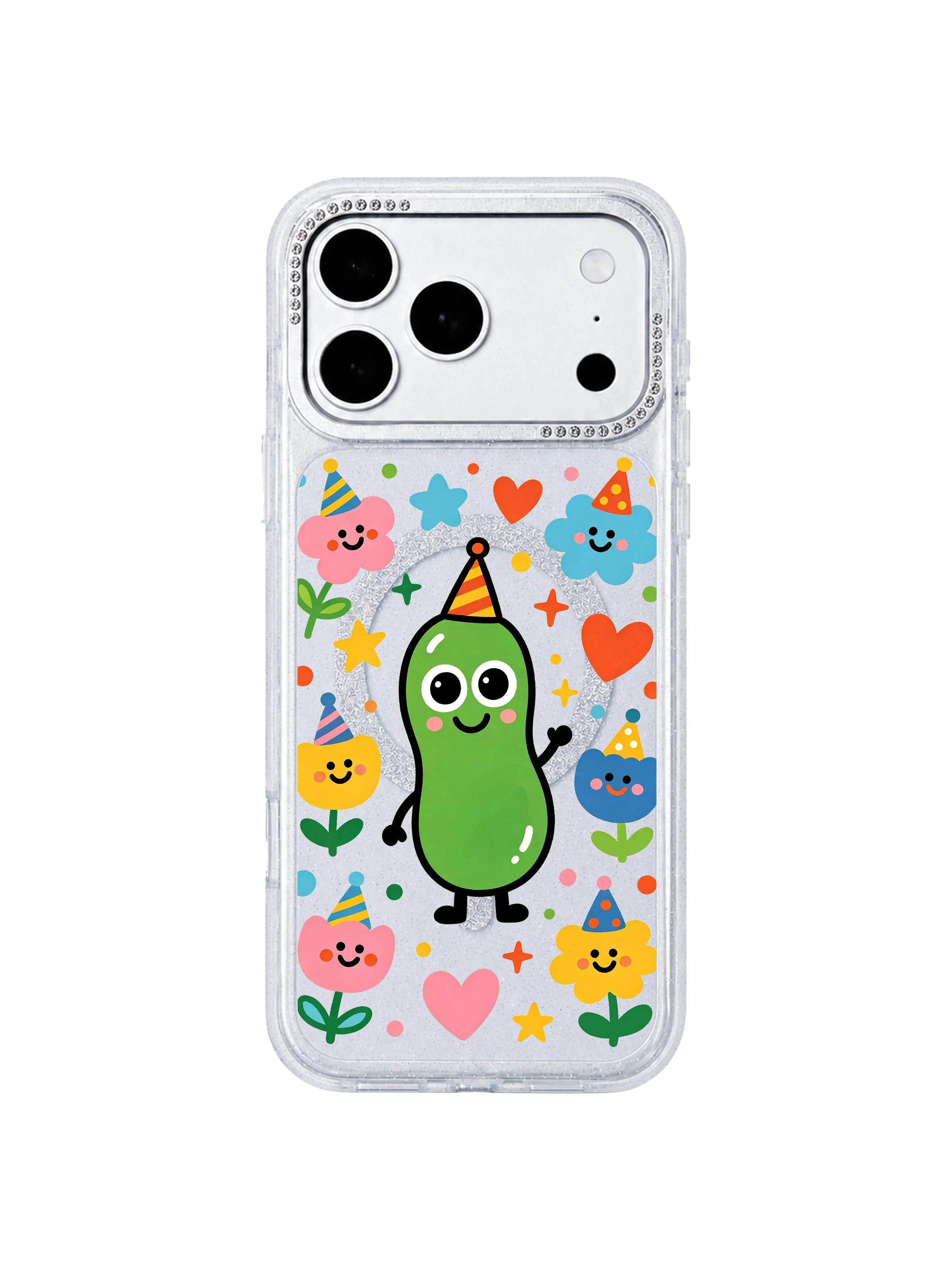PhoneCasing dual-layer fold mockup showcasing Pickle Spring Garden iPhone 17 Pro Max case, translucent glitter iPhone 17 Pro Max casing paired with bare silver iPhone 17 Pro Max front panel, full playful floral doodle pattern coverage