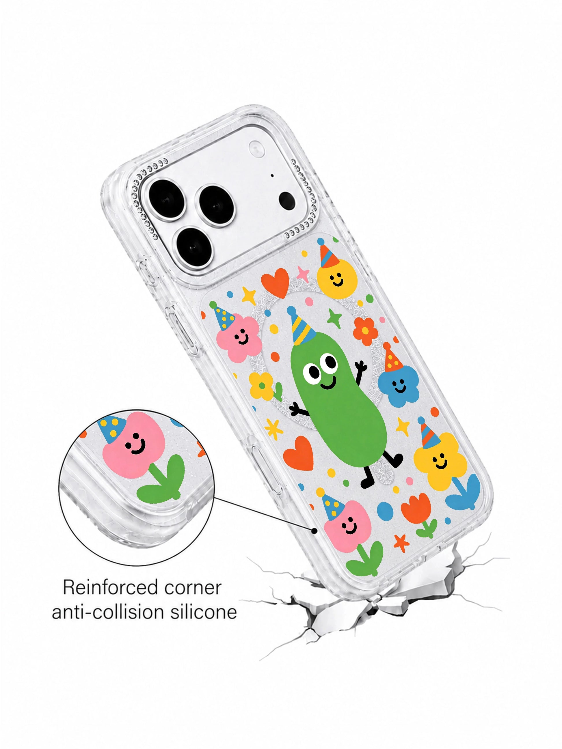 PhoneCasing decorative element close-up of hand-drawn stars, hearts and blooming florals surrounding the central party pickle on Pickle Spring iPhone 17 Pro Max case, seasonal storytelling visuals for iPhone 17 Pro Max casing product copy