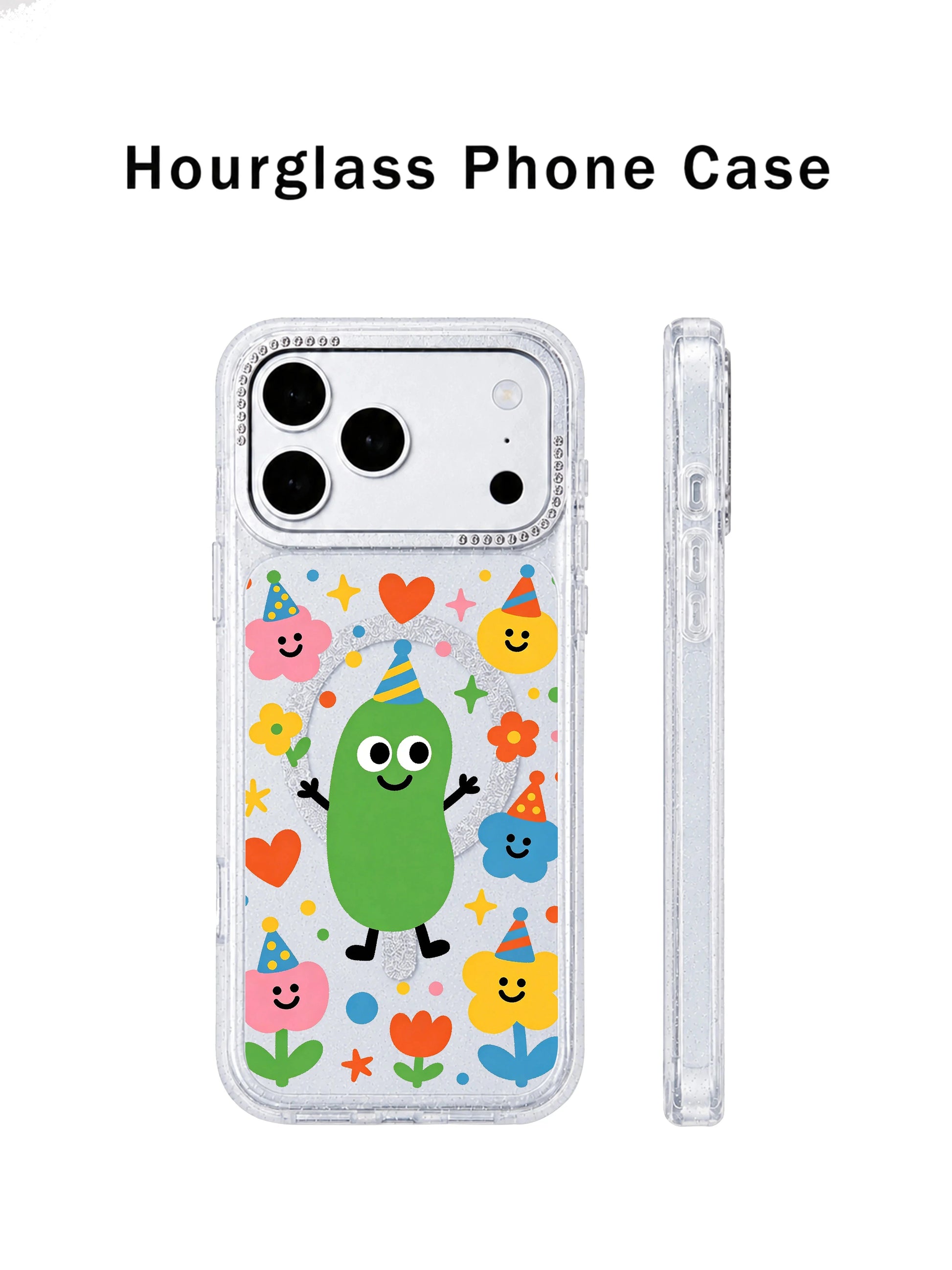 PhoneCasing dual-angle carousel overview graphic of Pickle Spring Party iPhone 17 Pro Max case, merging front artwork and rhinestone frame shots for Shopify product carousel slides of the iPhone 17 Pro Max casing