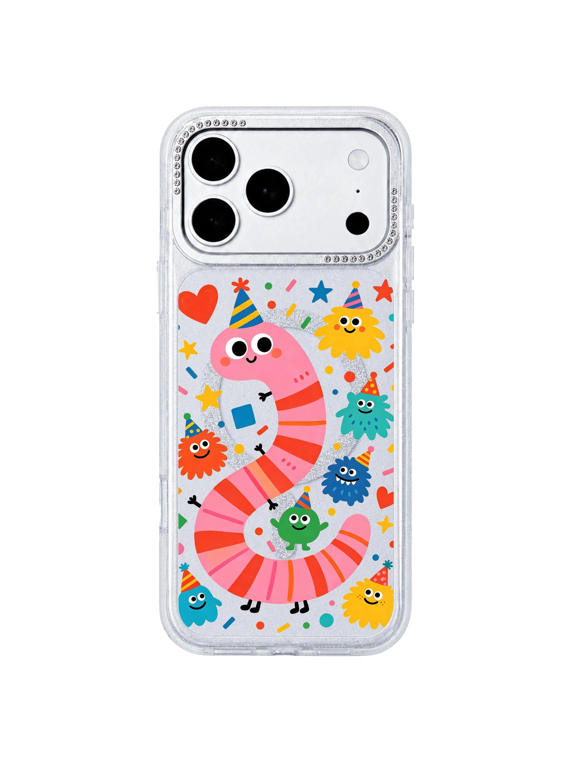 PhoneCasing zoomed closeup banner of bling crystal rhinestone camera trim on Pink Worm Birthday iPhone 17 Pro Max case, raised scratch-proof lens guard selling point graphic for luxury style iPhone 17 Pro Max casing