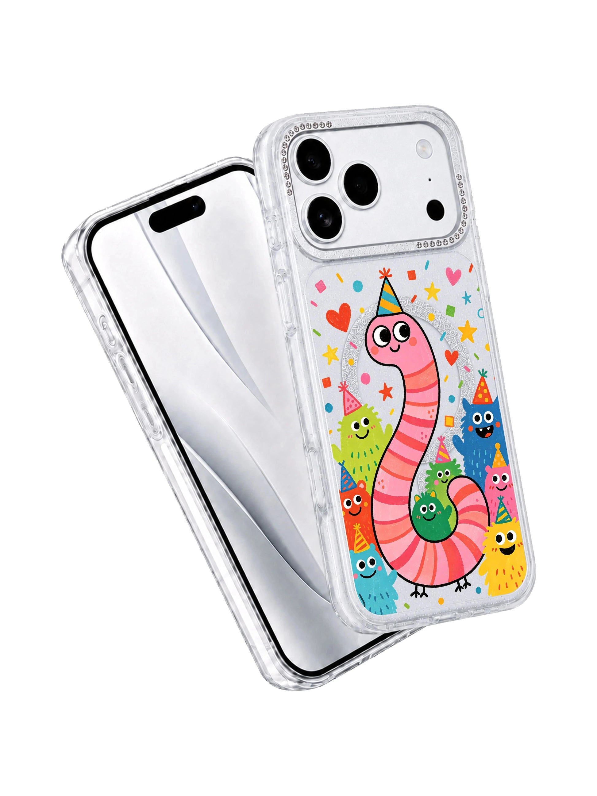 PhoneCasing dual-angle overview graphic of Pink Worm Birthday iPhone 17 Pro Max case, front artwork panel plus side rhinestone lens frame combined visual for product carousel slide iPhone 17 Pro Max casing listing