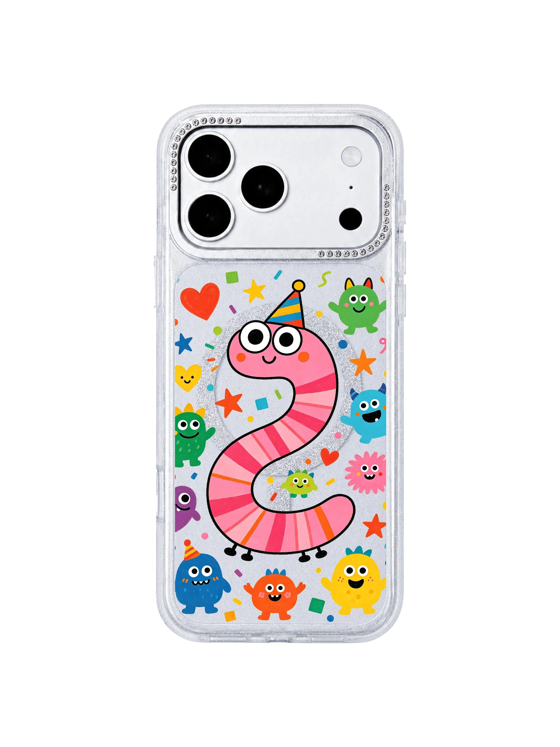 PhoneCasing split dual device mockup showcasing Pink Worm Birthday iPhone 17 Pro Max case, clear glitter silicone protective casing paired with blank iPhone 17 Pro Max front screen to display full whimsical birthday creature print coverage, premium limited artist collab iPhone 17 Pro Max casing
