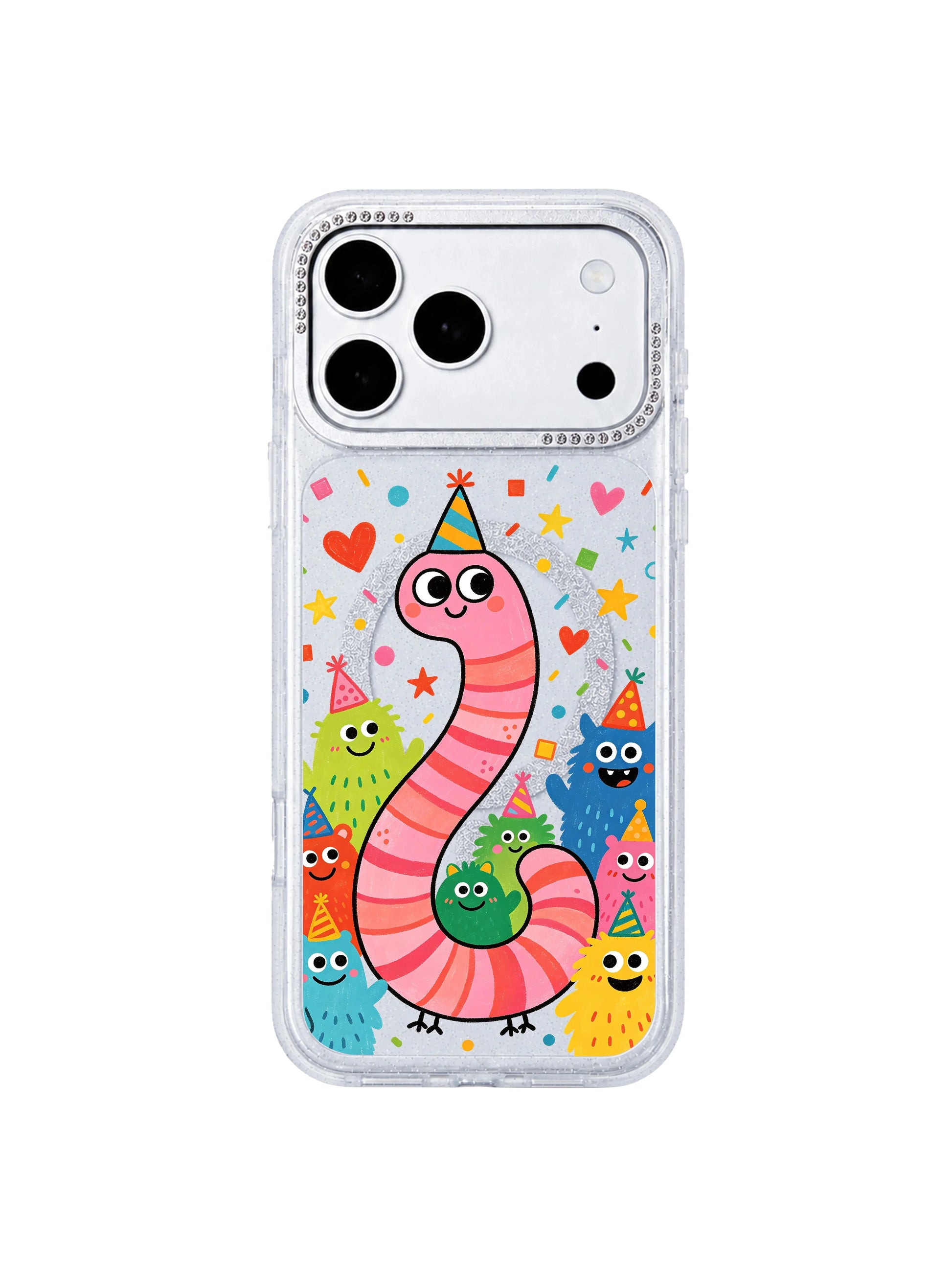 PhoneCasing full color display shot of Pink Worm Birthday iPhone 17 Pro Max case, bright saturated multicolor birthday worm and monster doodles printed with long-wearing scratch-proof UV ink, full hue showcase iPhone 17 Pro Max casing
