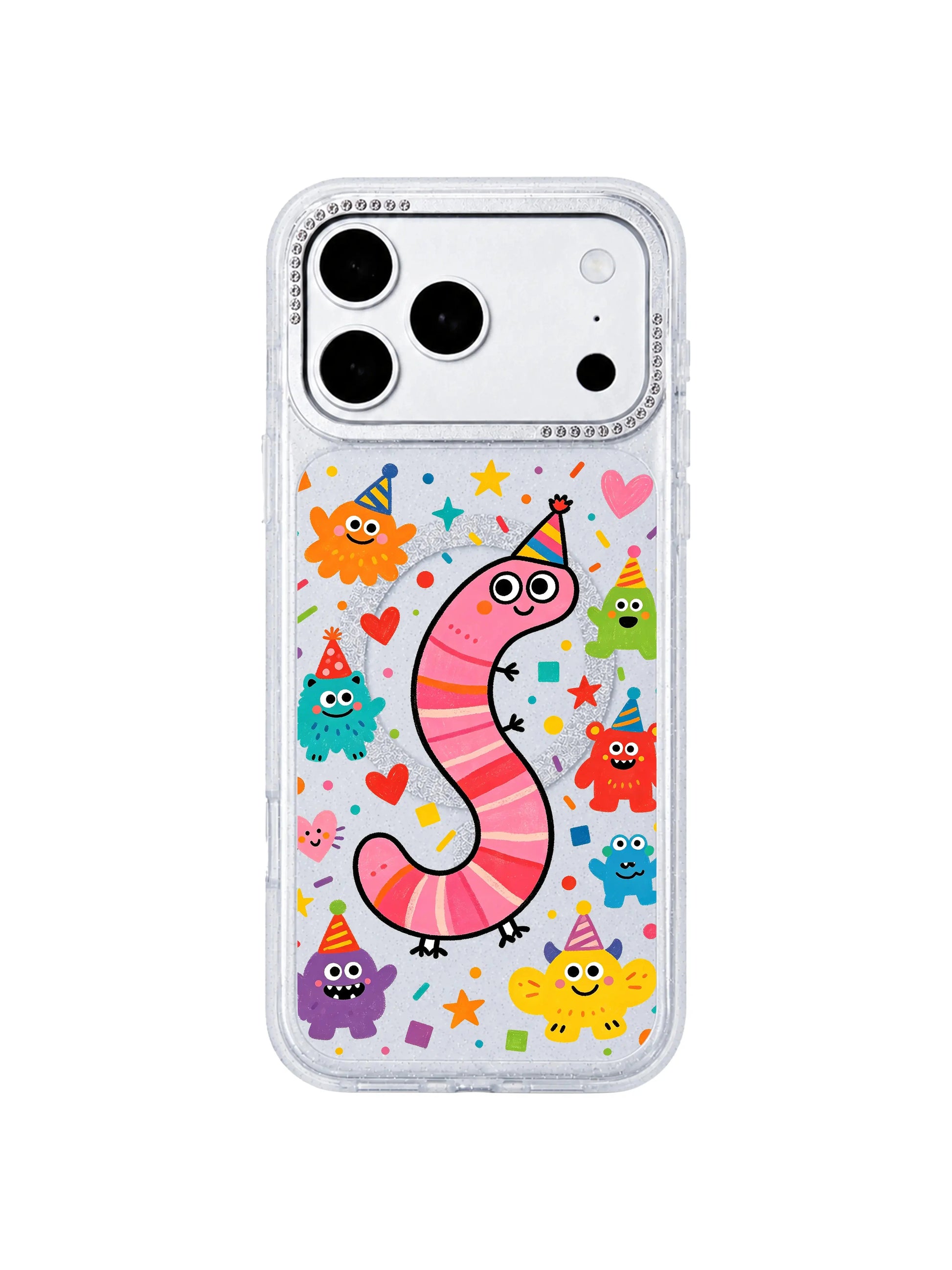 PhoneCasing macro art closeup of original Milo Popkins Pink Worm Birthday print on iPhone 17 Pro Max case, detailed pink striped worm tiny colorful monsters, party hats hearts stars confetti, fade-resistant UV archival print texture shot for iPhone 17 Pro Max casing