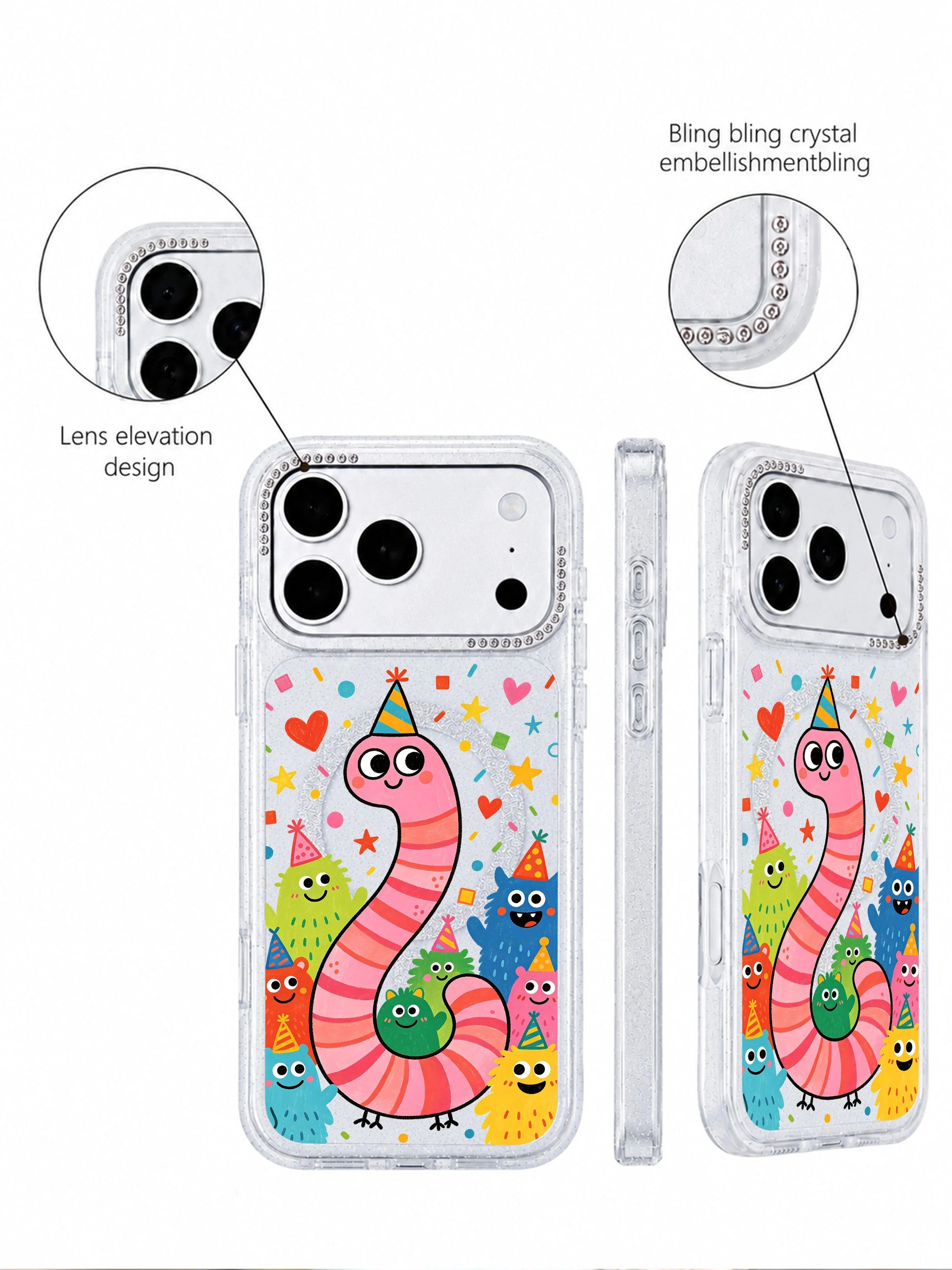 PhoneCasing group preview display shot of full Pink Worm Birthday pattern lineup on iPhone 17 Pro Max case, complete set of unique pink worm and monster creature designs, collection overview graphic for iPhone 17 Pro Max casing category page