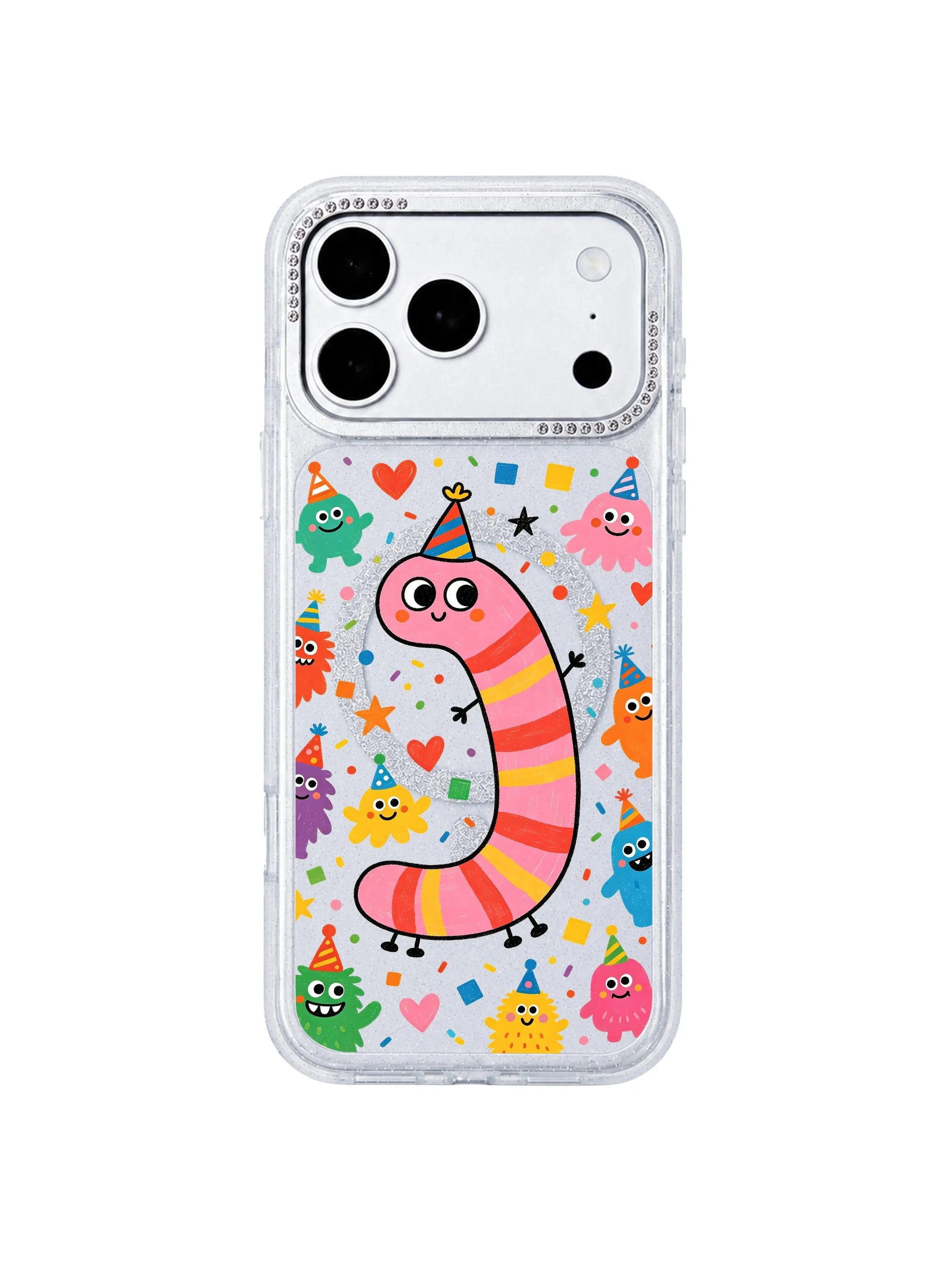PhoneCasing indoor handheld lifestyle photo featuring Pink Worm Birthday iPhone 17 Pro Max case, playful kidcore pink worm & monster print on shimmer clear glitter casing, casual everyday carry asset driving organic traffic for iPhone 17 Pro Max case