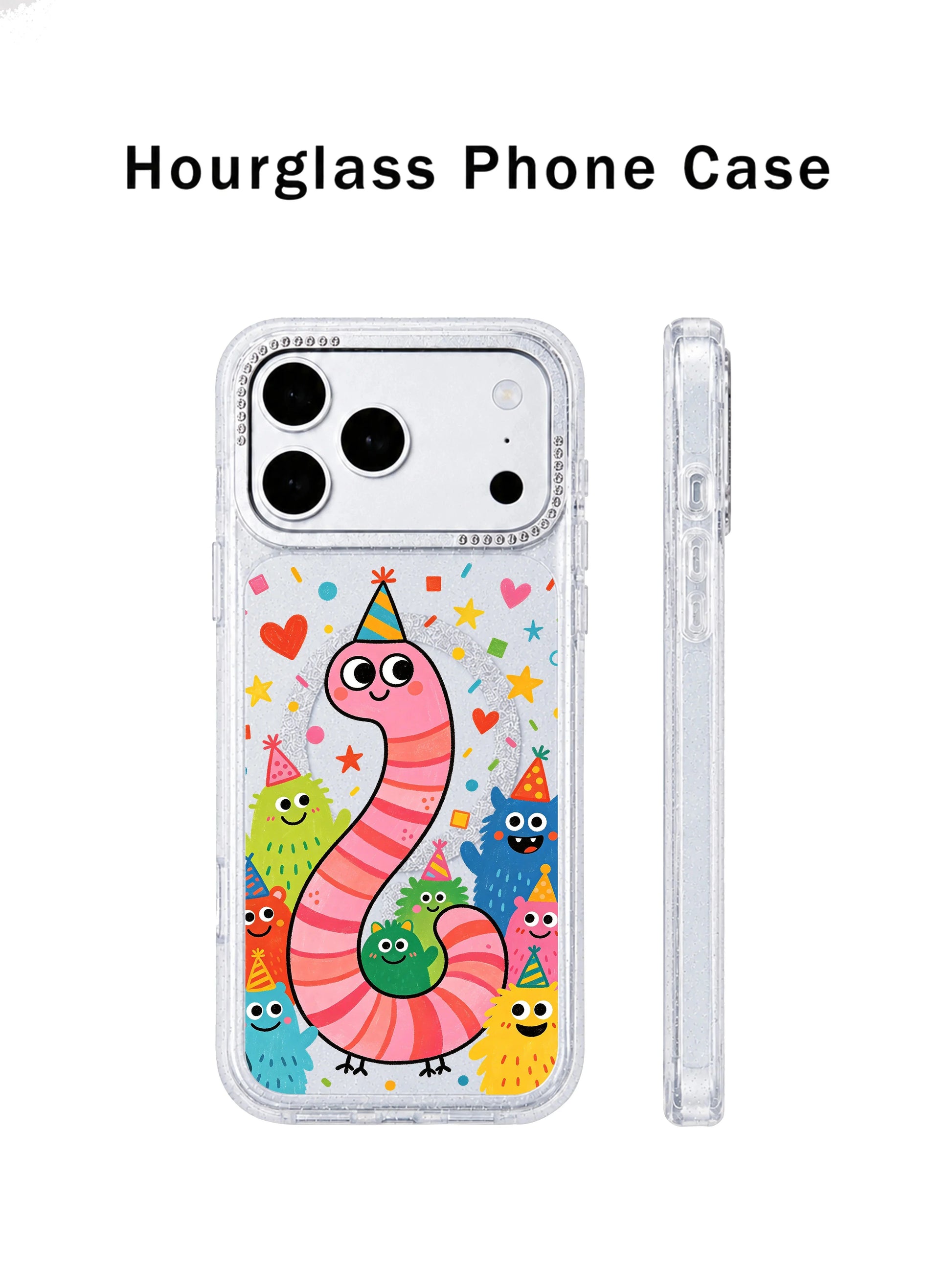 PhoneCasing decorative element closeup of hand-drawn hearts, stars and geometric confetti scattered around pink striped worm and monster creatures on Pink Worm Birthday iPhone 17 Pro Max case, core warm joyful birthday theme storytelling graphic for narrative-focused iPhone 17 Pro Max casing copy