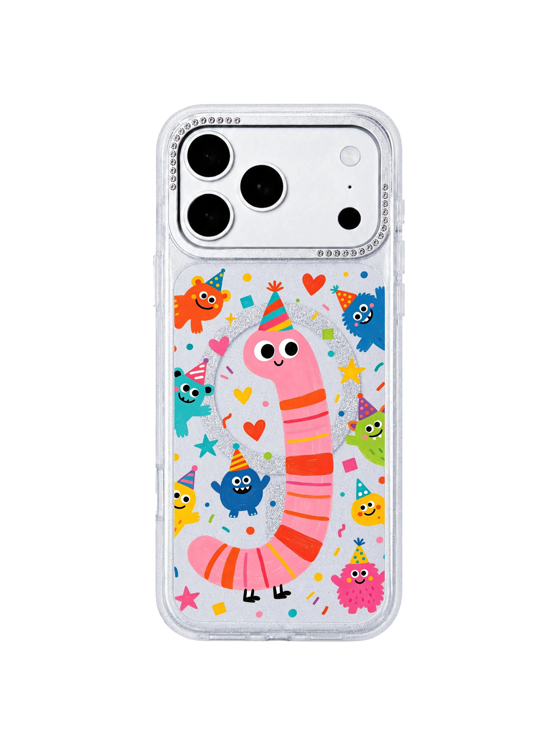 PhoneCasing hourglass phone case three-view diagram for Pink Worm Birthday iPhone 17 Pro Max case, front artwork panel and slim glitter side frame, informational graphic placed inside iPhone 17 Pro Max casing product description section