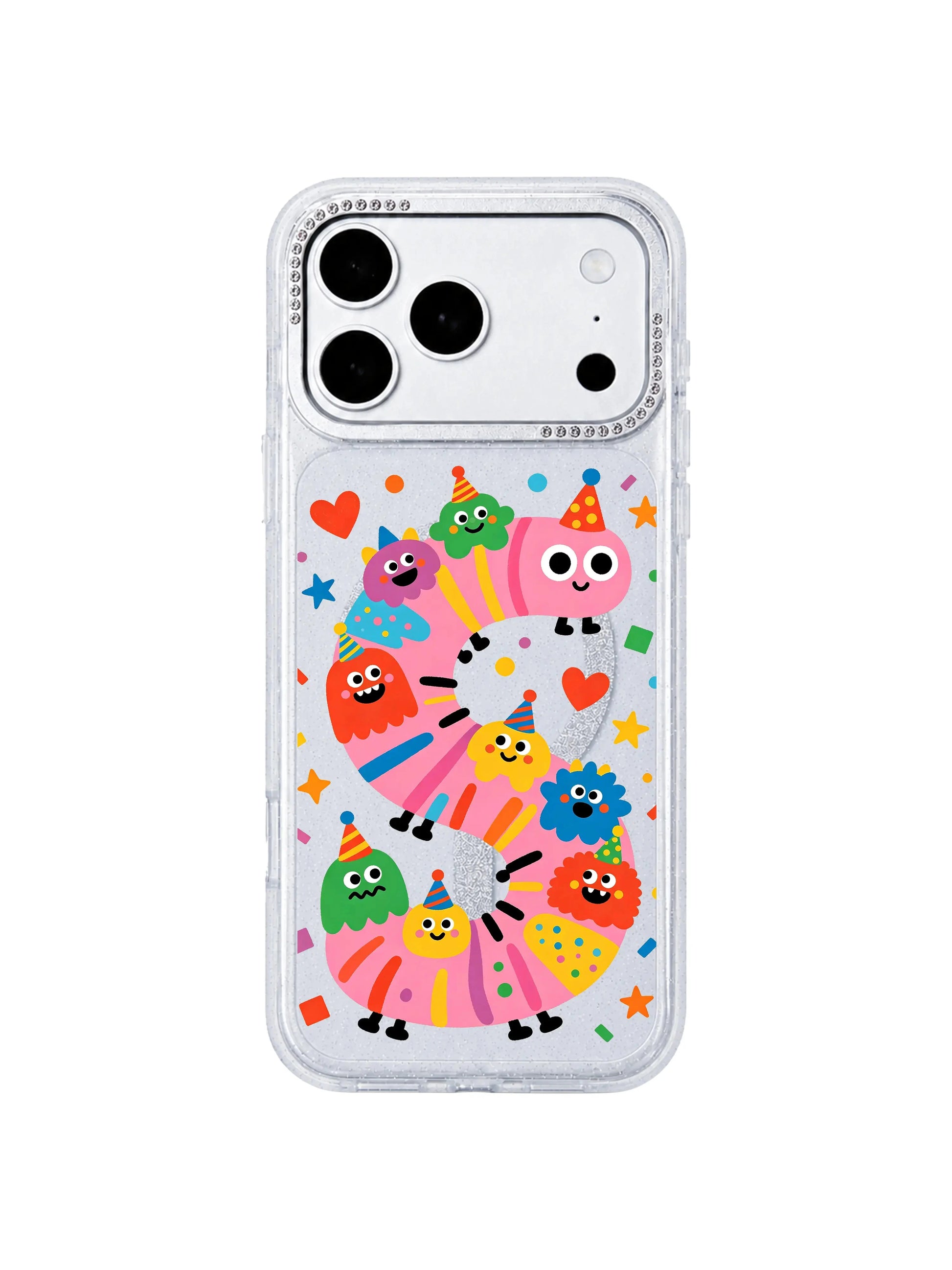 PhoneCasing exclusive Milo Popkins Pink Worm Birthday iPhone 17 Pro Max case, primary flat hero shot of glitter hourglass protective iPhone 17 Pro Max casing printed with cute pastel worm monster doodles, party hats colorful confetti heart star geometric shapes for store homepage product listing