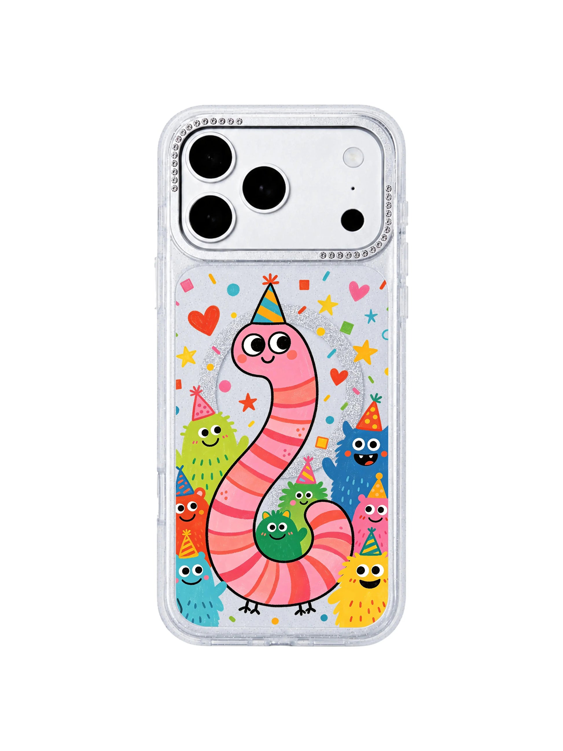 PhoneCasing neutral linen styled gift flat lay of Pink Worm Birthday iPhone 17 Pro Max case, cheerful birthday doodle print perfect as soft birthday gift for teen girls iPhone 17 Pro Max casing