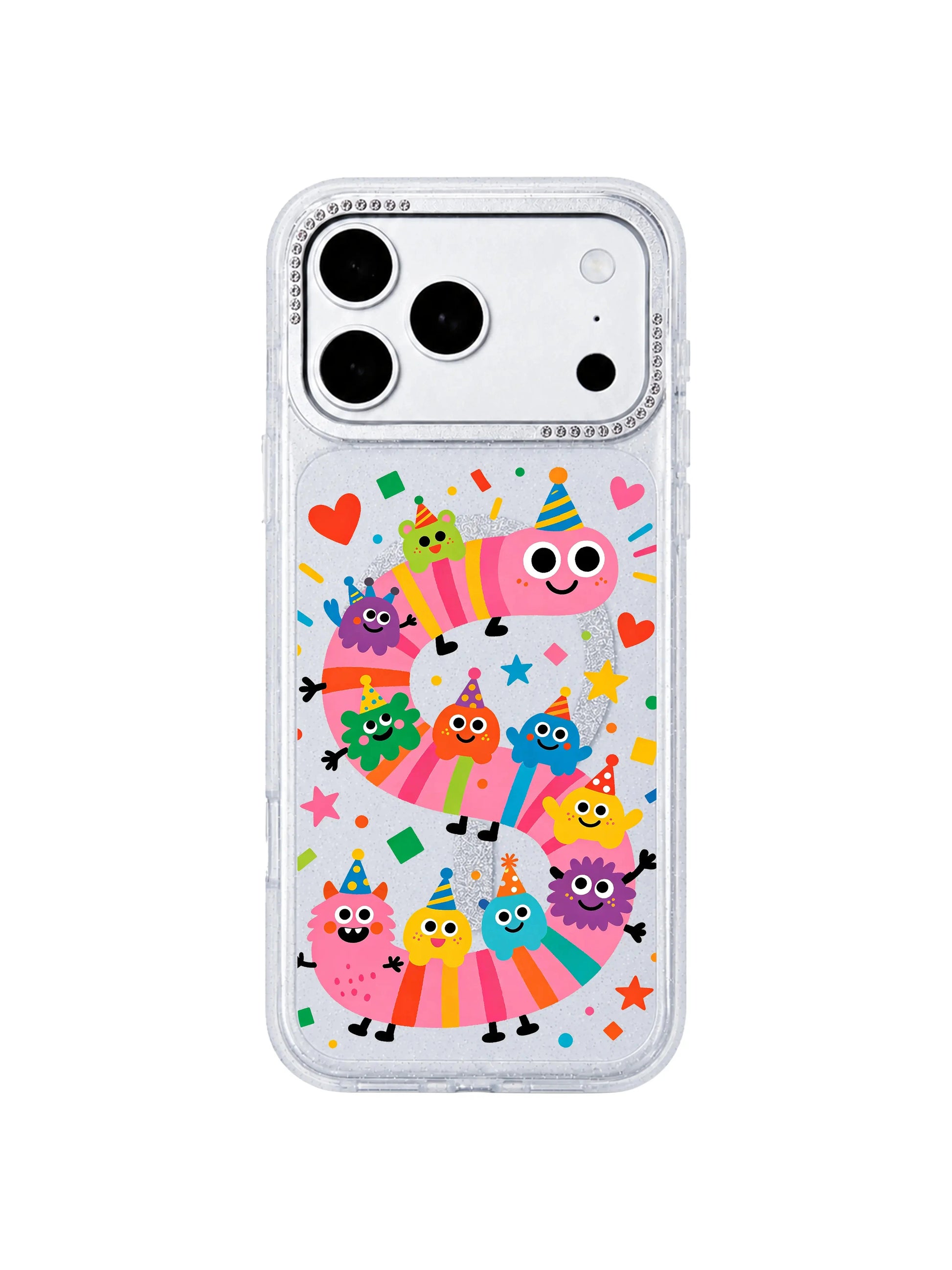 PhoneCasing outdoor street lifestyle photograph of blonde model holding Pink Worm Birthday iPhone 17 Pro Max case, warm joyful birthday worm creature doodle art, aesthetic lifestyle visual boosting image search ranking for iPhone 17 Pro Max case