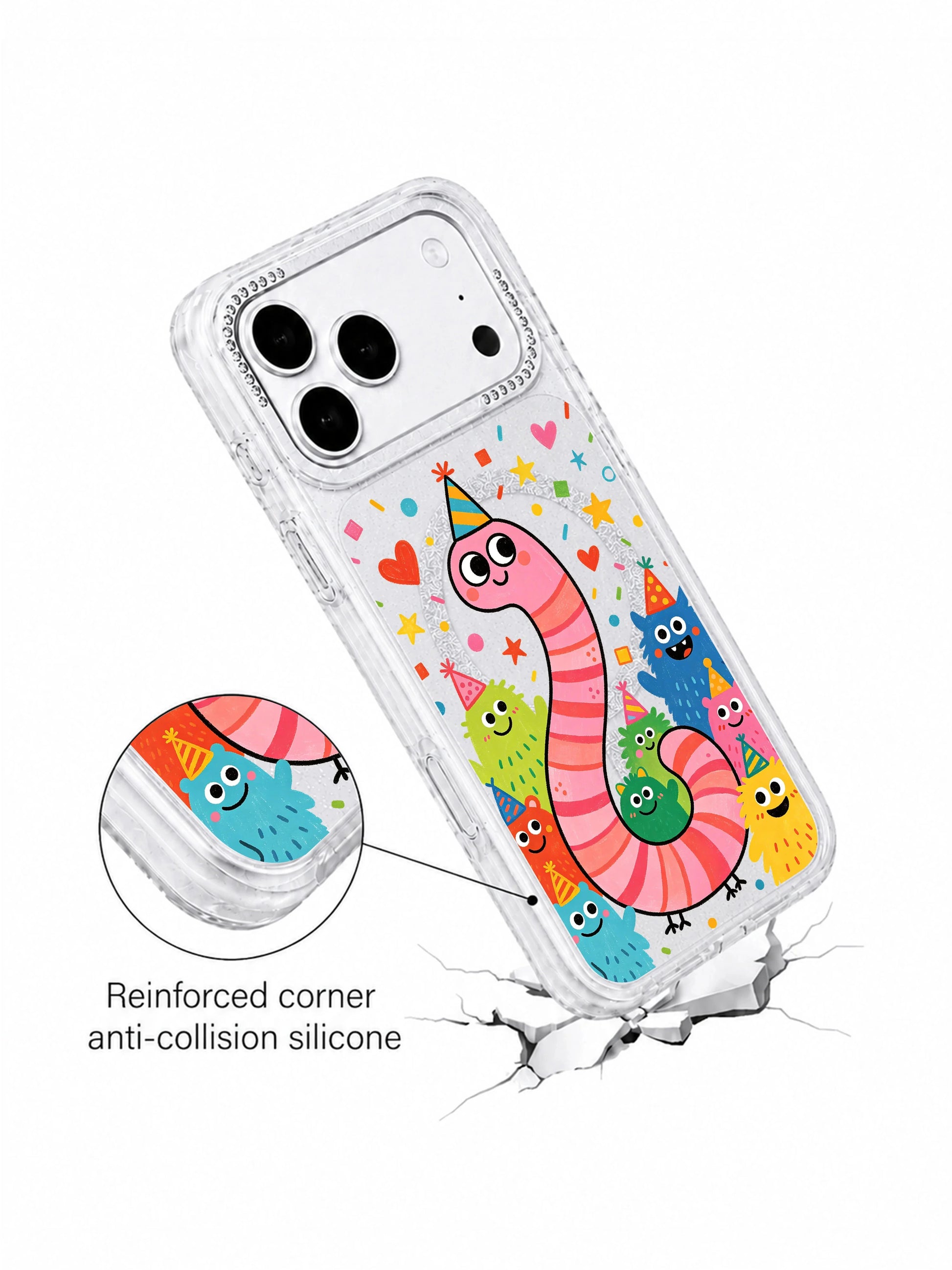 PhoneCasing character macro shot of striped party hat pink birthday worm & cute blob monsters gathered to celebrate on Pink Worm Birthday iPhone 17 Pro Max case, Milo Popkins signature bright naive doodle style on clear glitter iPhone 17 Pro Max casing