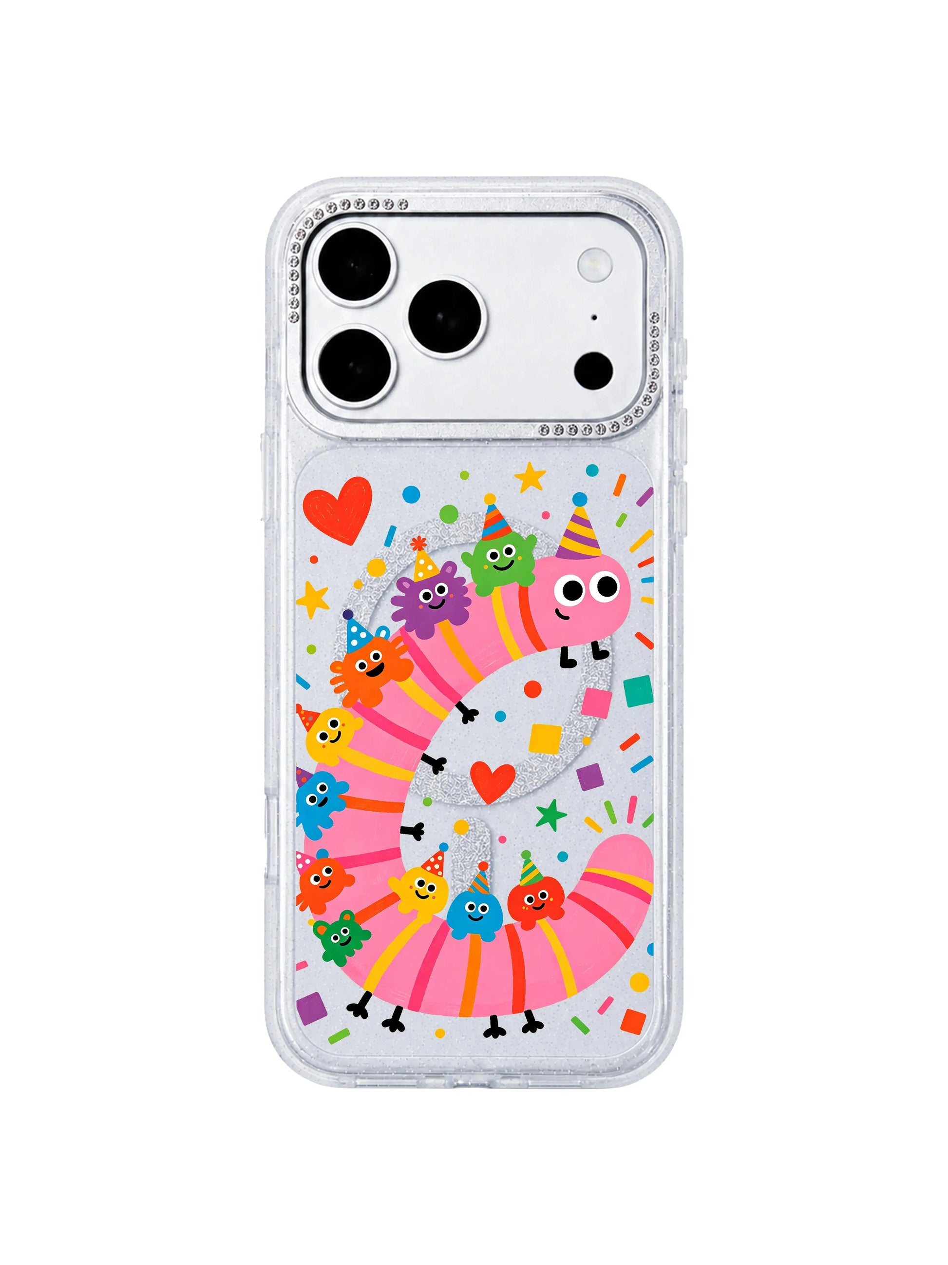 PhoneCasing side cutout closeup showing perfectly molded volume buttons, charging port and speaker grilles on Pink Worm Birthday iPhone 17 Pro Max case, zero loose fit custom engineered fit demo iPhone 17 Pro Max protective casing
