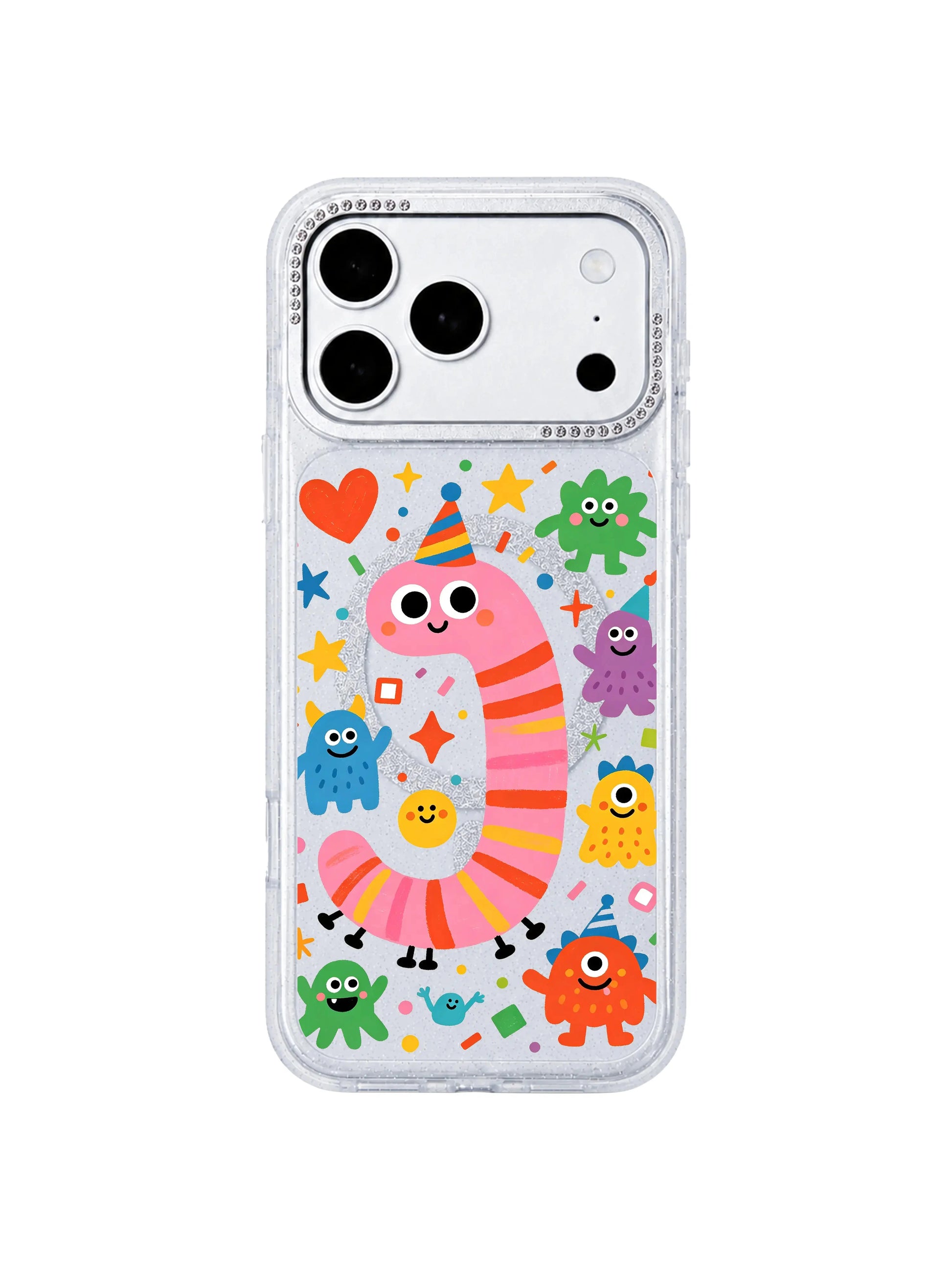 PhoneCasing anti-collision silicone reinforced corner demo shot for Pink Worm Birthday iPhone 17 Pro Max case, crack resistance visual highlighting durable drop-proof daily wear iPhone 17 Pro Max protective casing