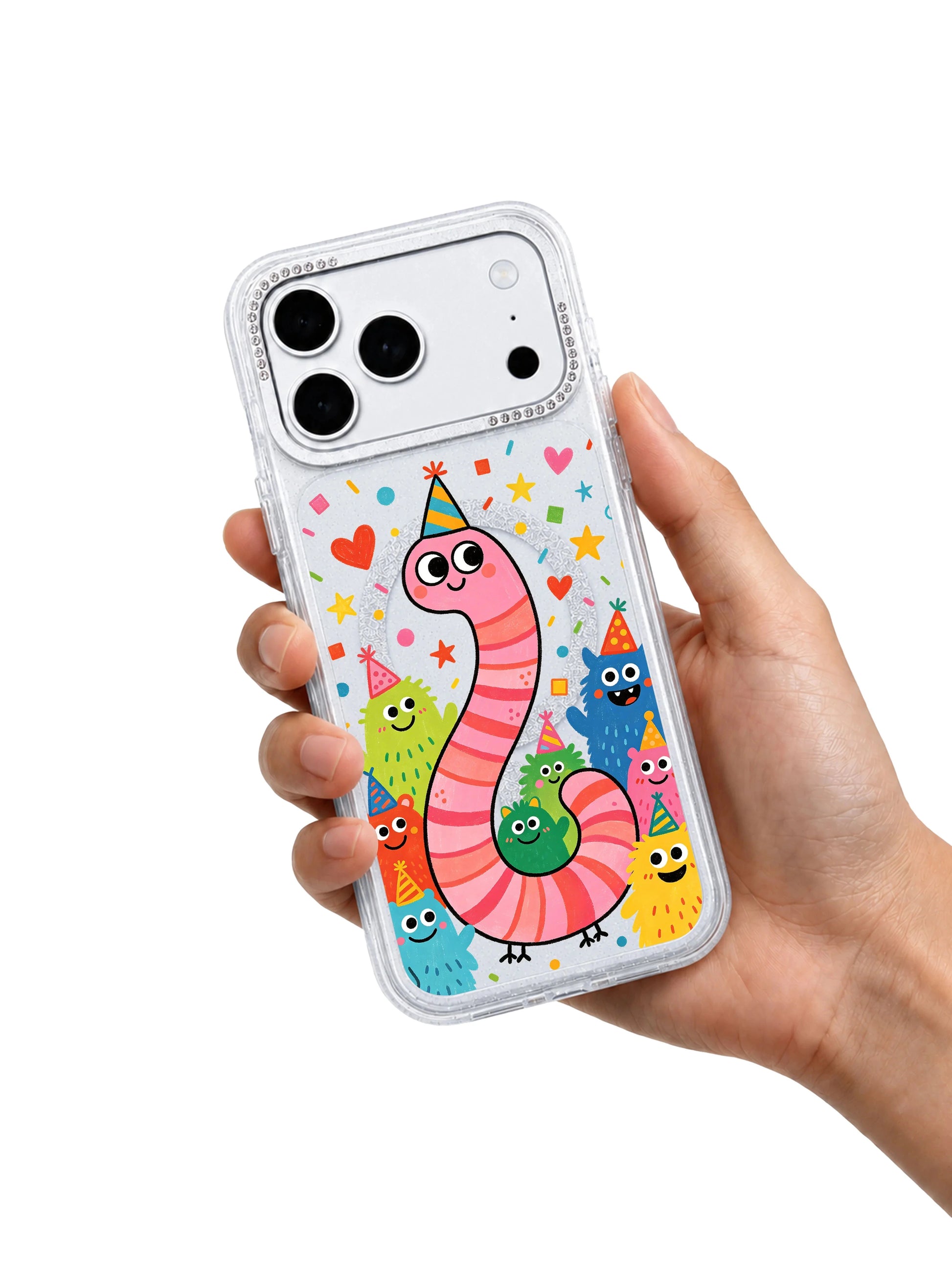PhoneCasing brand credibility graphic highlighting domestic California manufacturing for Pink Worm Birthday iPhone 17 Pro Max case, locally printed limited artist collaboration wearable art trust asset iPhone 17 Pro Max protective casing