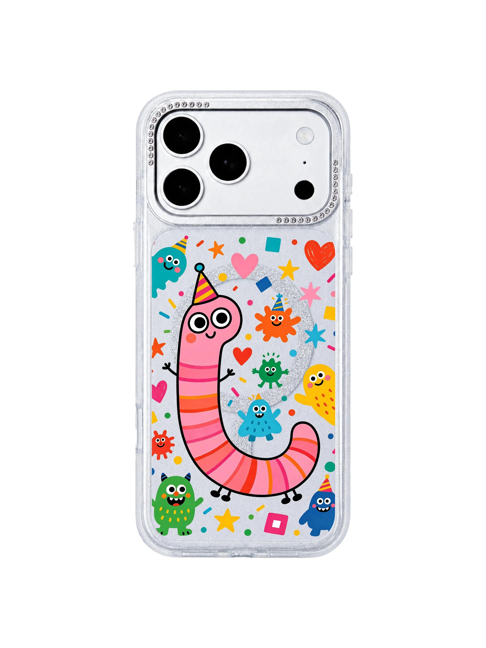 PhoneCasing wide horizontal homepage banner featuring full Pink Worm Birthday grid print on iPhone 17 Pro Max case, complete layout of colorful pink worm and monster characters, collection hero banner for iPhone 17 Pro Max case category page