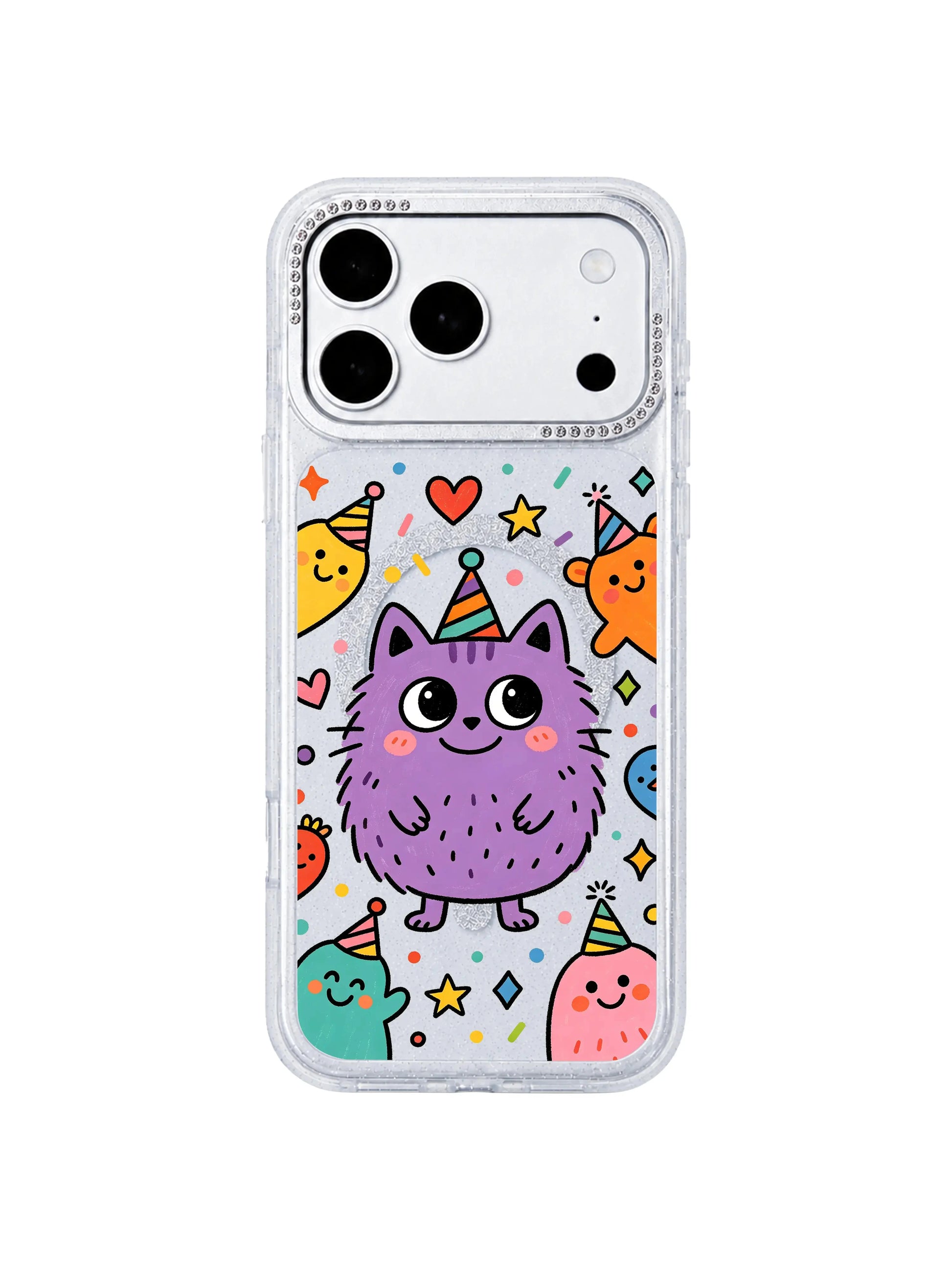 PhoneCasing exclusive Milo Popkins Purple Cat Smile iPhone 17 Pro Max case, plain white background front flat mockup of rhinestone glitter shockproof iPhone 17 Pro Max casing with heart & star whimsical cartoon graphics for store homepage hero banner