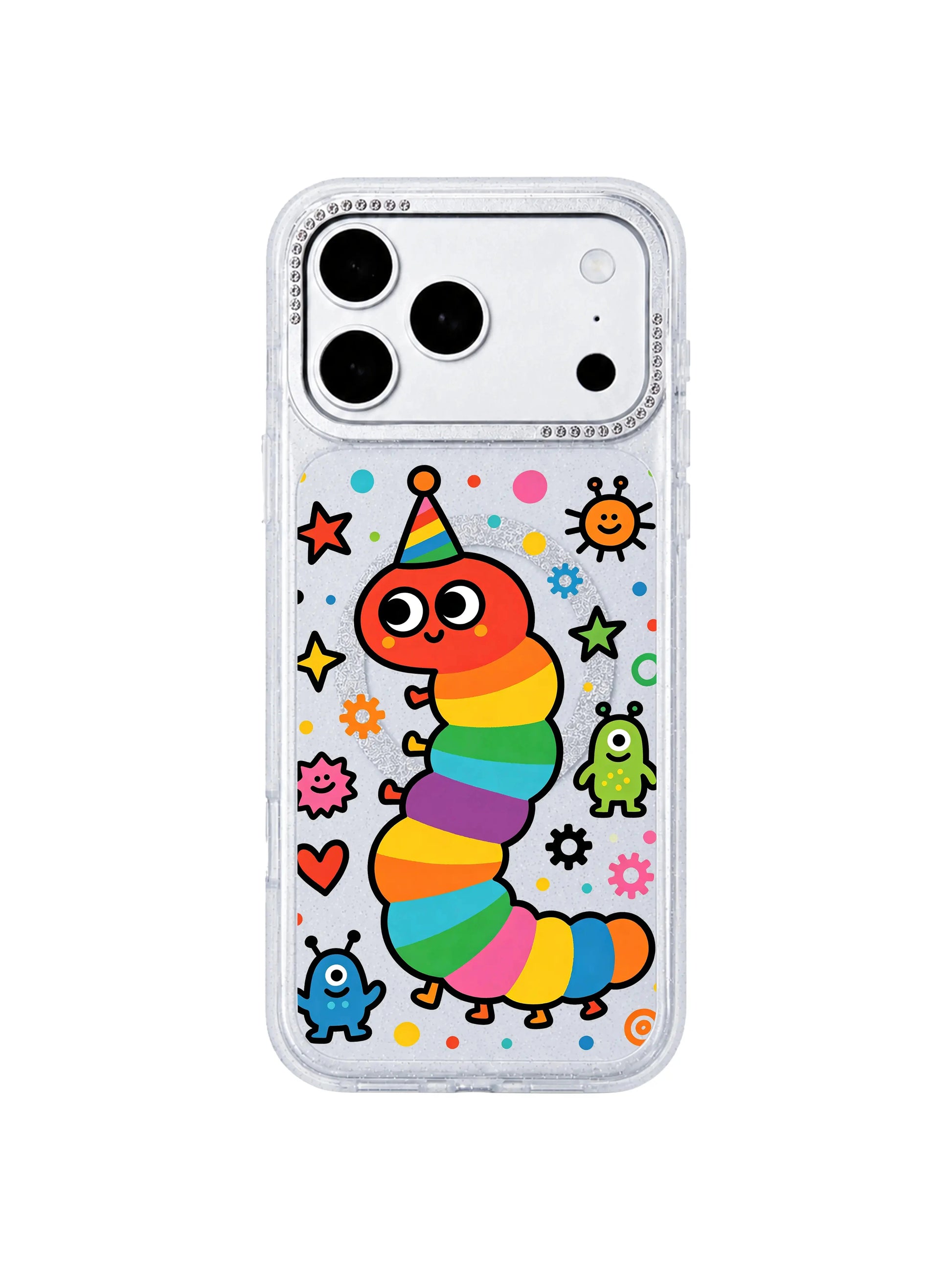 PhoneCasing close-up banner of bling crystal rhinestone camera trim on Rainbow Caterpillar Dream Factory iPhone 17 Pro Max case, raised scratch-proof lens lip detail highlight for luxury style iPhone 17 Pro Max casing
