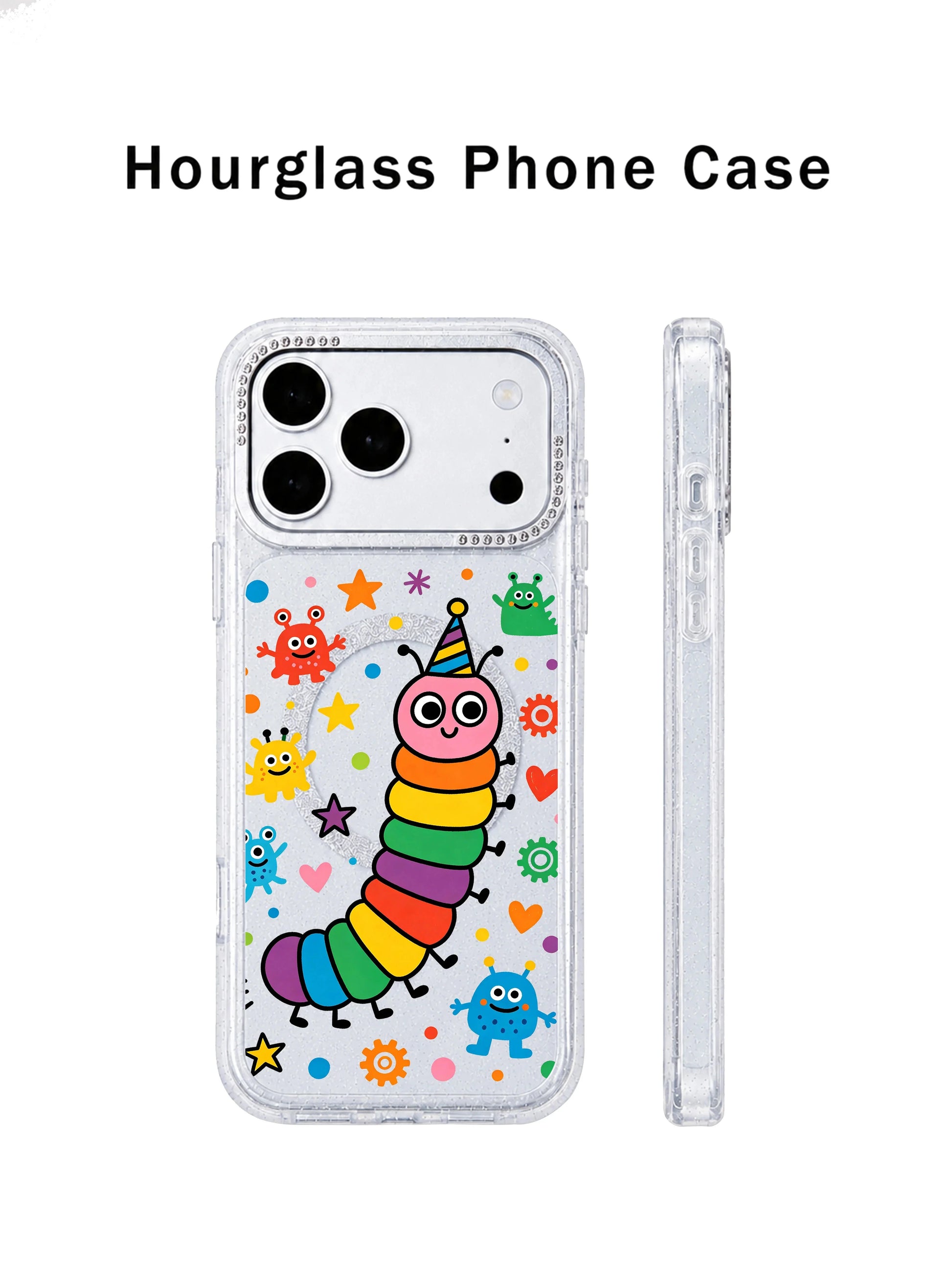 PhoneCasing dual-angle carousel overview graphic of Rainbow Caterpillar Dream Factory iPhone 17 Pro Max case, front printed artwork panel plus side rhinestone lens frame combined visual for Shopify product carousel slide iPhone 17 Pro Max casing listing