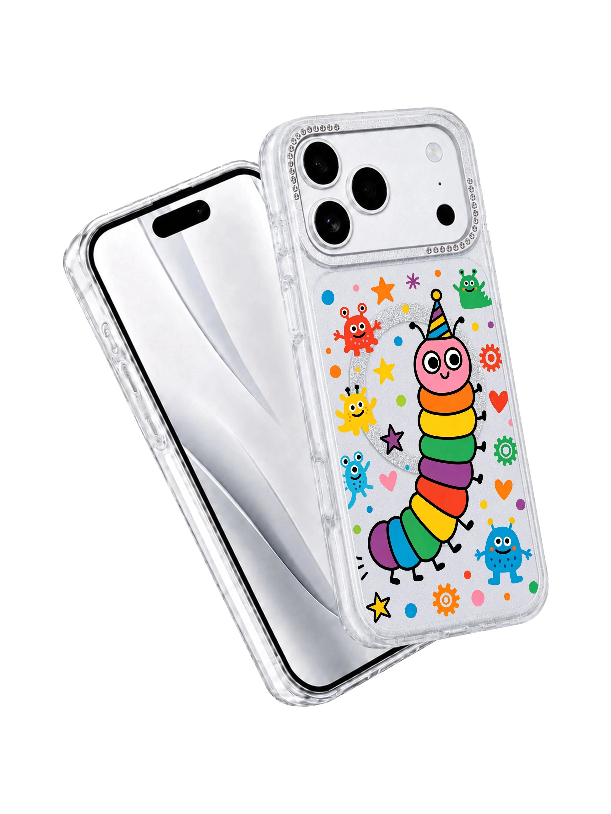 PhoneCasing full color spectrum display shot of Rainbow Caterpillar Dream Factory iPhone 17 Pro Max case, saturated multi-hued segmented caterpillar and blob monster doodles printed with scratch-proof long-lasting UV ink, complete hue showcase for iPhone 17 Pro Max casing