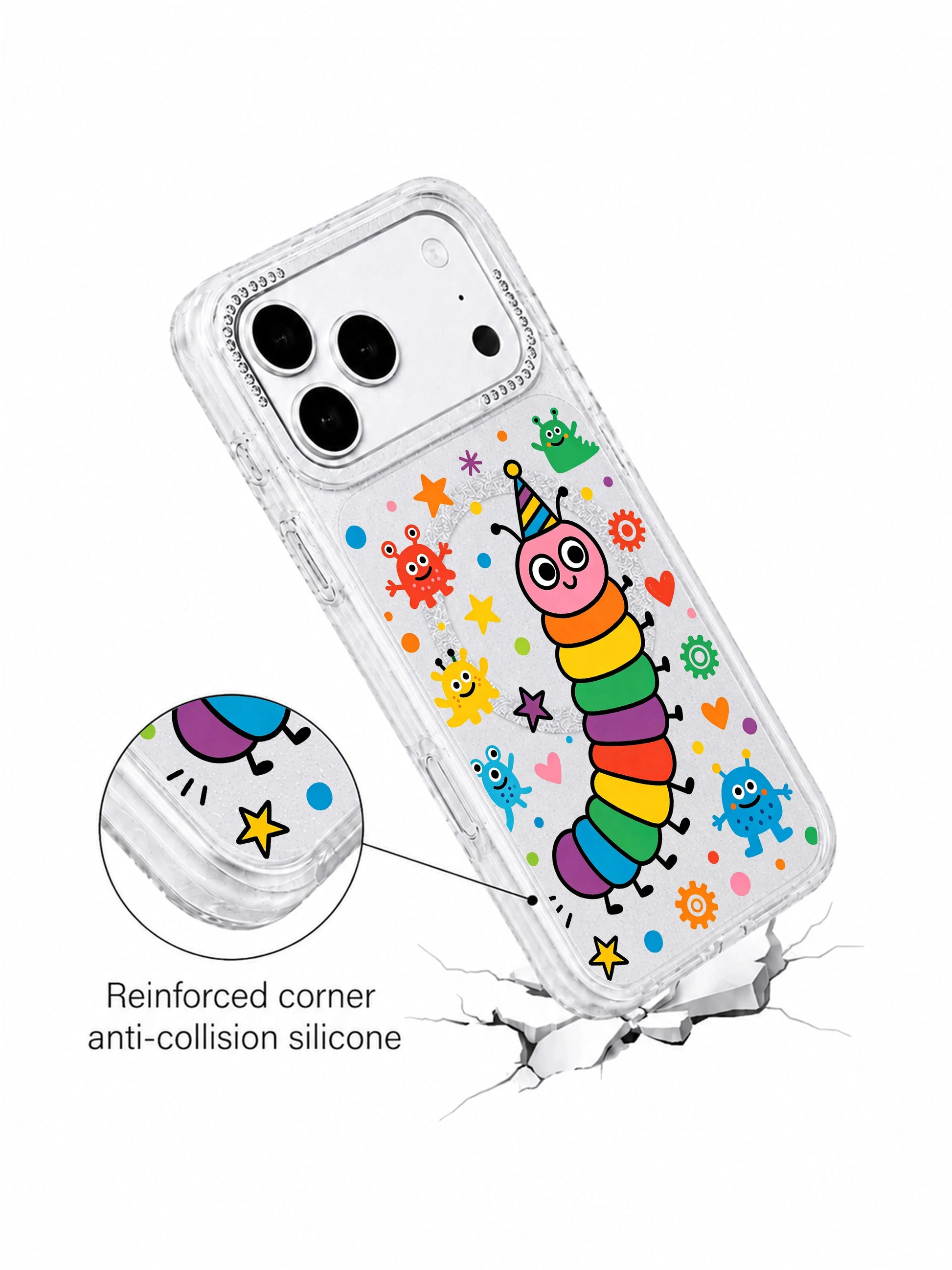 PhoneCasing decorative element close-up of hand-drawn hearts, stars and gear confetti scattered around rainbow caterpillar blob monster characters on Rainbow Caterpillar Dream Factory iPhone 17 Pro Max case, warm imagination-themed storytelling graphic for iPhone 17 Pro Max casing copy