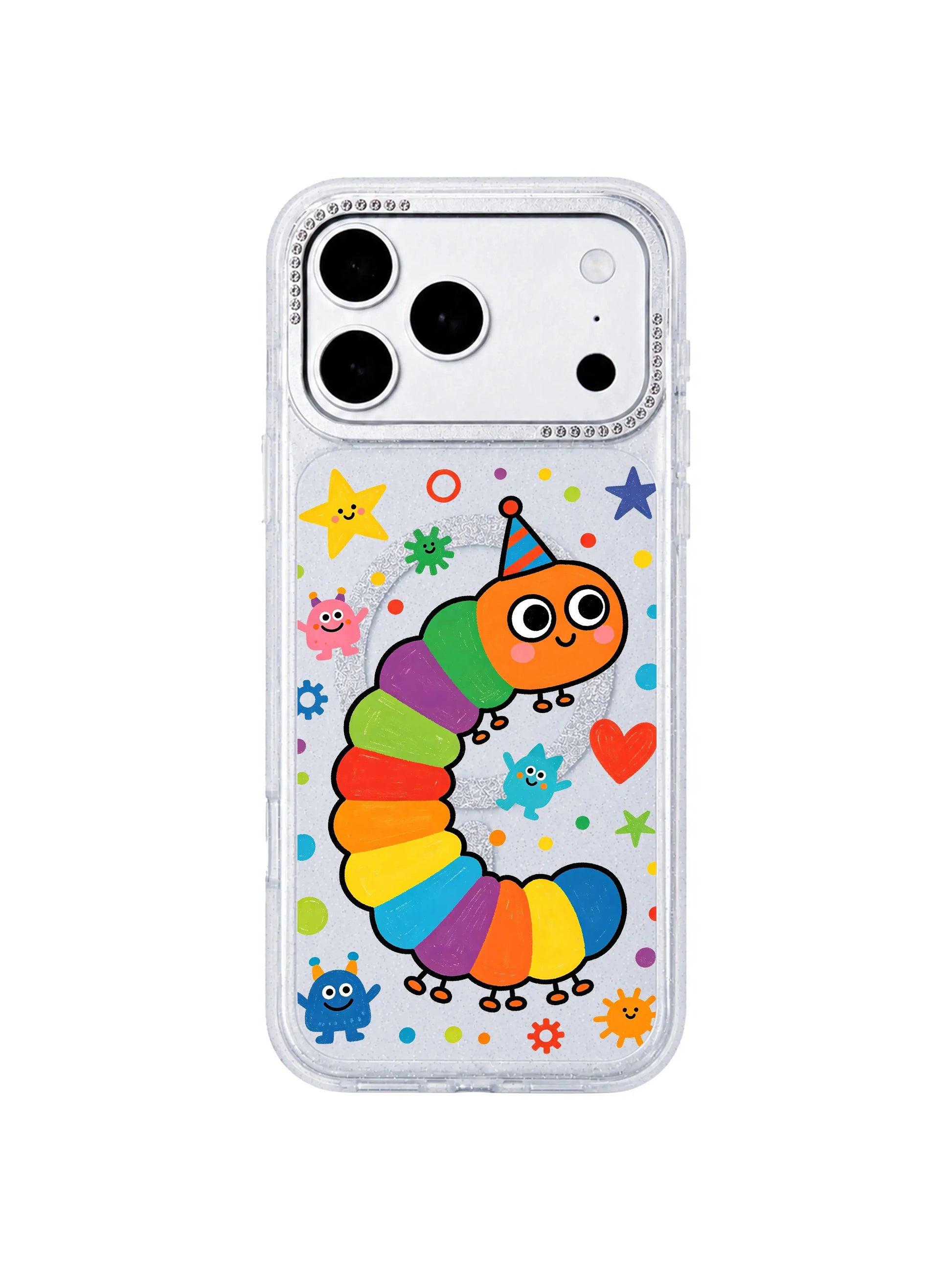 PhoneCasing partial back close-up revealing built-in MagSafe wireless charging ring inside Rainbow Caterpillar Dream Factory iPhone 17 Pro Max case, seamless magnetic compatibility feature graphic for iPhone 17 Pro Max casing