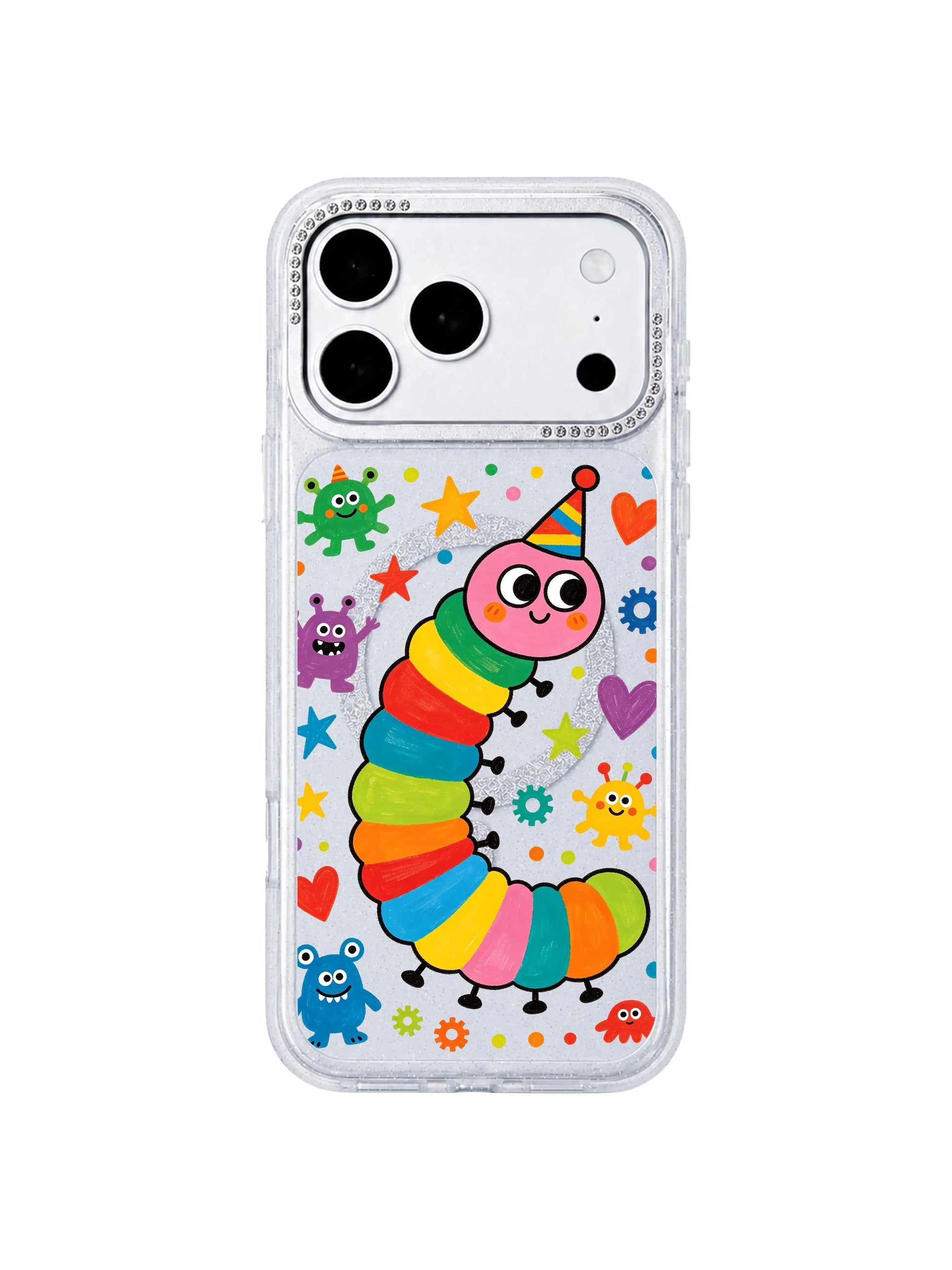 PhoneCasing hourglass phone case three-side technical diagram for Rainbow Caterpillar Dream Factory iPhone 17 Pro Max case, showing front printed art, slim glitter side profile and rhinestone camera frame, supporting iPhone 17 Pro Max casing product description page