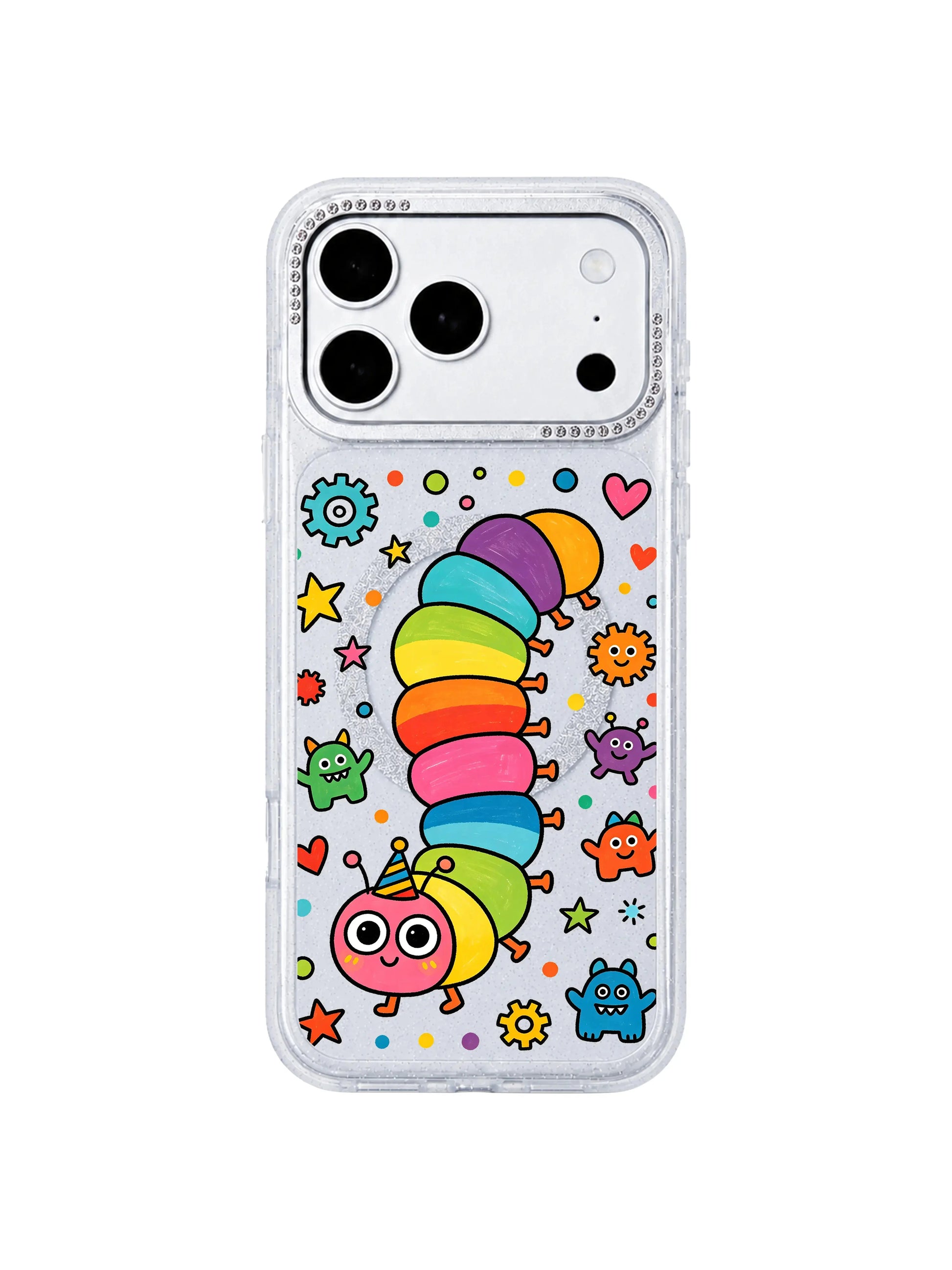  PhoneCasing indoor handheld lifestyle photo featuring Rainbow Caterpillar Dream Factory iPhone 17 Pro Max case, female hand holding glitter translucent iPhone 17 Pro Max casing with uplifting whimsical caterpillar and mini monster doodles for casual daily carry search traffic
