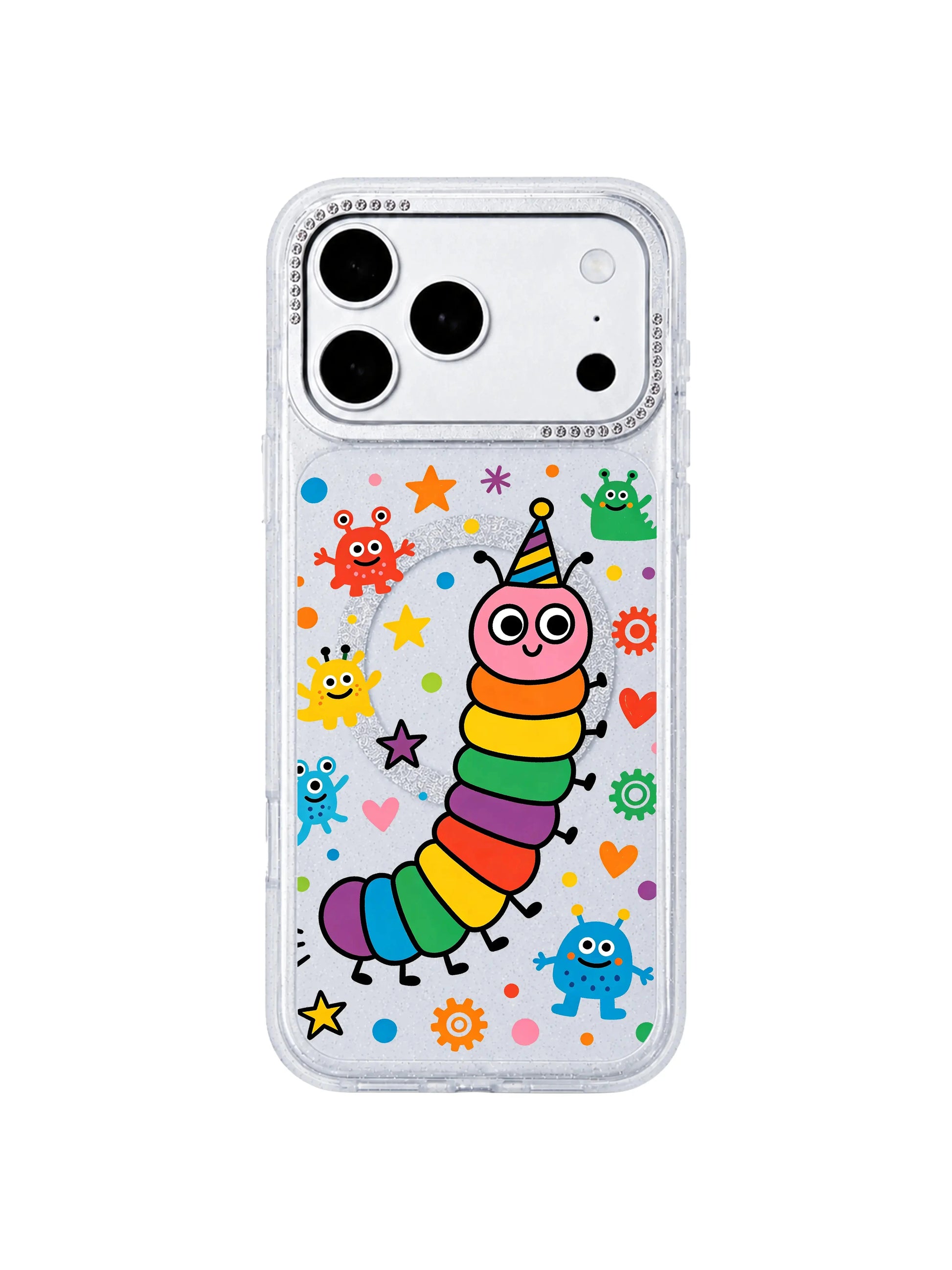 PhoneCasing minimalist pure white background product mockup of Rainbow Caterpillar Dream Factory iPhone 17 Pro Max case, transparent glitter iPhone 17 Pro Max casing optimized for social media, email marketing and paid ad creatives