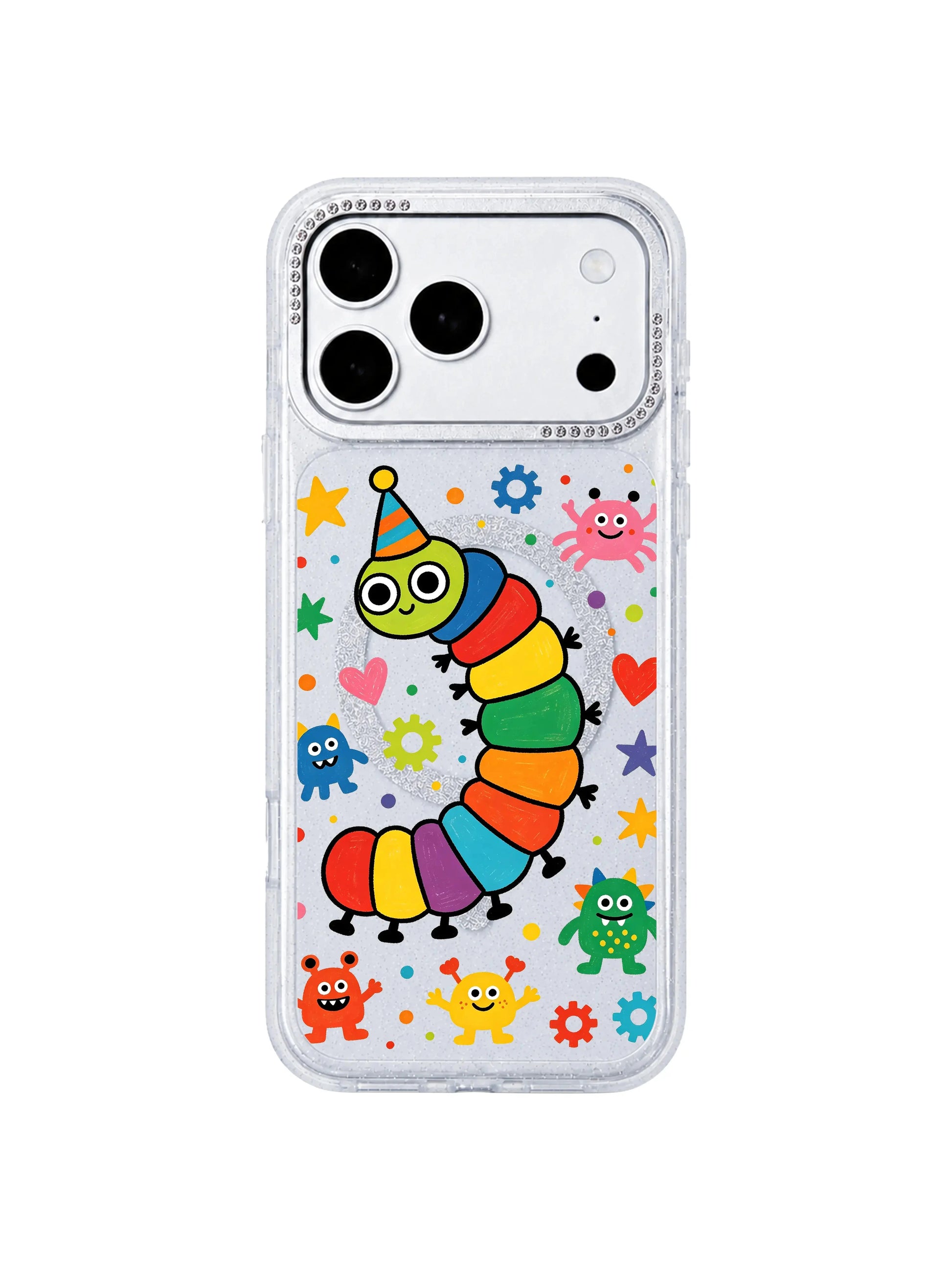 PhoneCasing neutral linen gift flat lay of Rainbow Caterpillar Dream Factory iPhone 17 Pro Max case, cheerful imaginative caterpillar factory doodle design, ideal birthday gift visual for teen women shopping iPhone 17 Pro Max casing