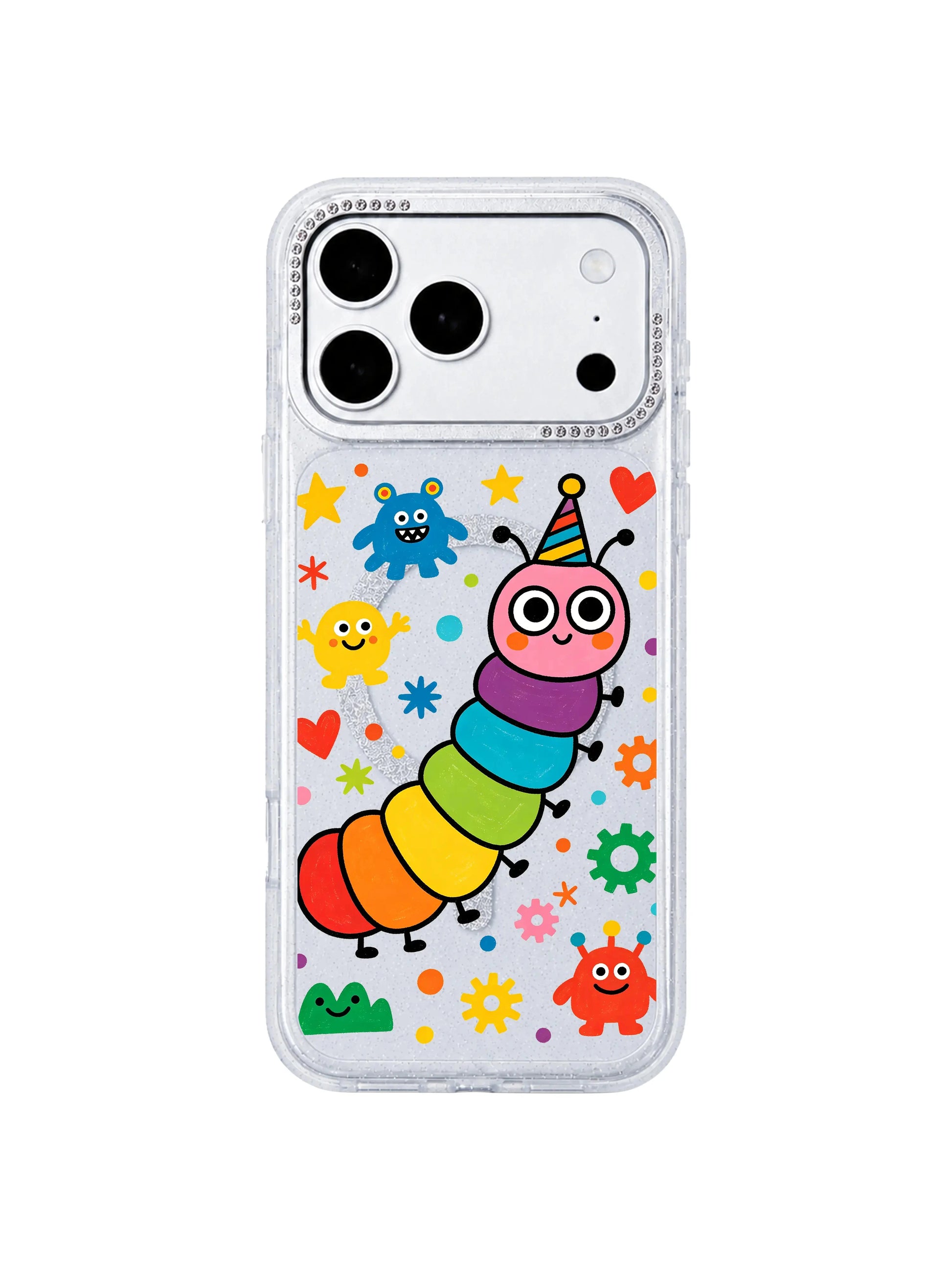  PhoneCasing exclusive Milo Popkins Rainbow Caterpillar Dream Factory iPhone 17 Pro Max case, flat front mockup of glitter rhinestone hourglass protective iPhone 17 Pro Max casing, featuring cute segmented rainbow caterpillar, tiny blob monster pals, party hats, heart, star and gear confetti for product homepage display