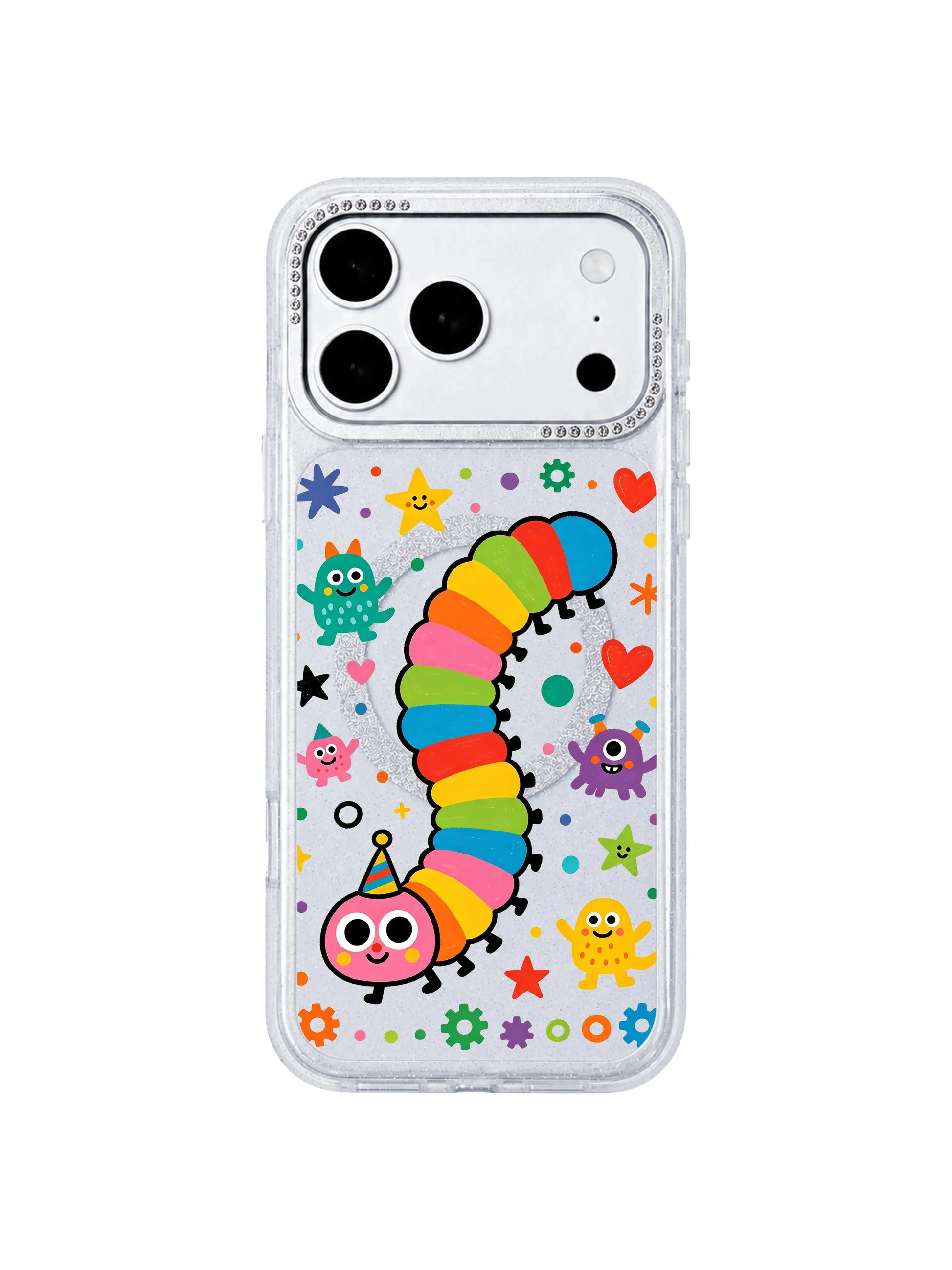 PhoneCasing outdoor street lifestyle photograph of blonde model holding Rainbow Caterpillar Dream Factory iPhone 17 Pro Max case, bright playful dream factory caterpillar cartoon art, high-aesthetic asset to boost Google image ranking for iPhone 17 Pro Max case
