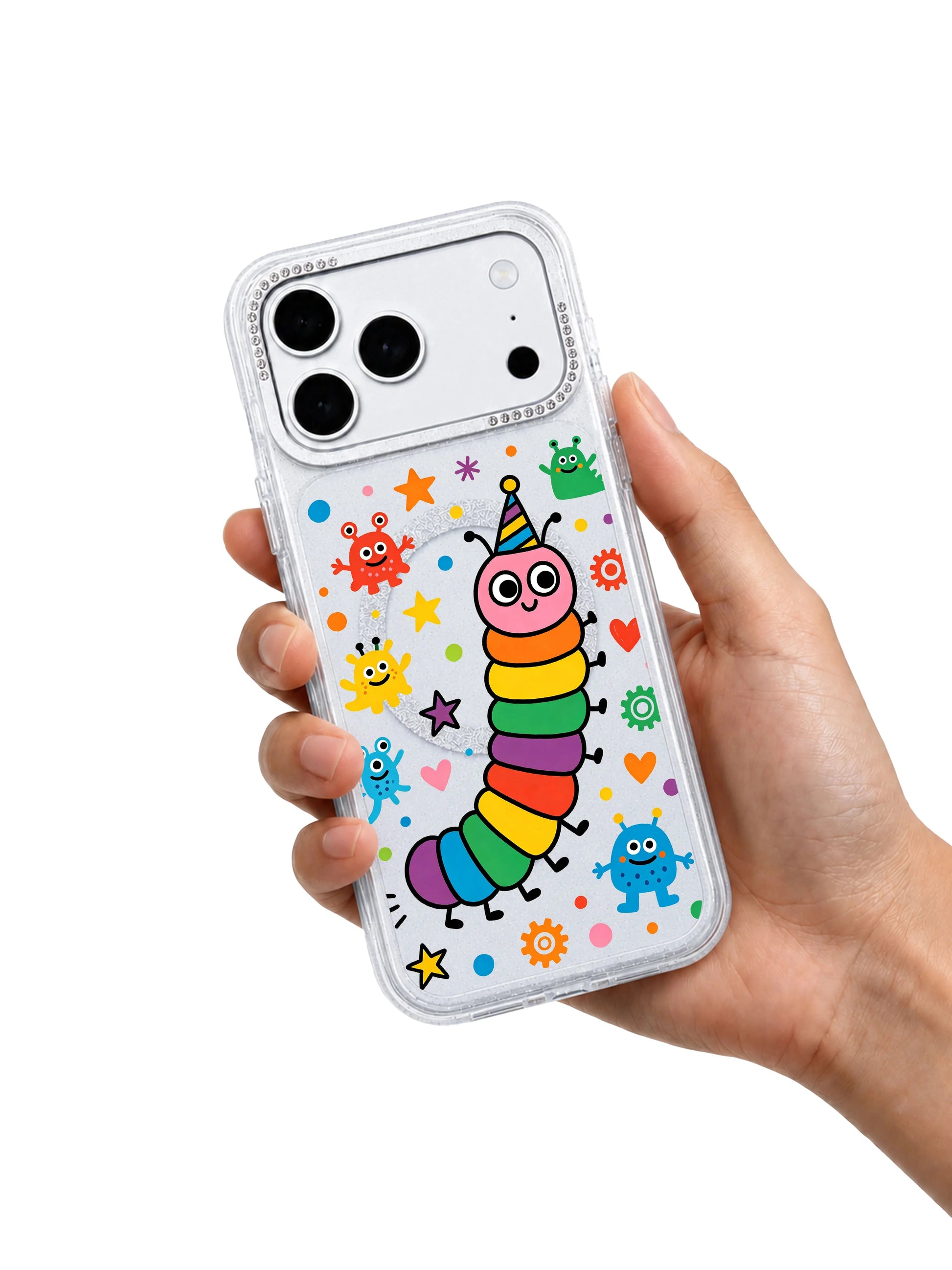 PhoneCasing character macro shot of party hat rainbow segmented caterpillar and cute colorful blob friends representing creative dream factory joy on Rainbow Caterpillar Dream Factory iPhone 17 Pro Max case, Milo Popkins signature bright naive doodle art on glitter clear iPhone 17 Pro Max casing