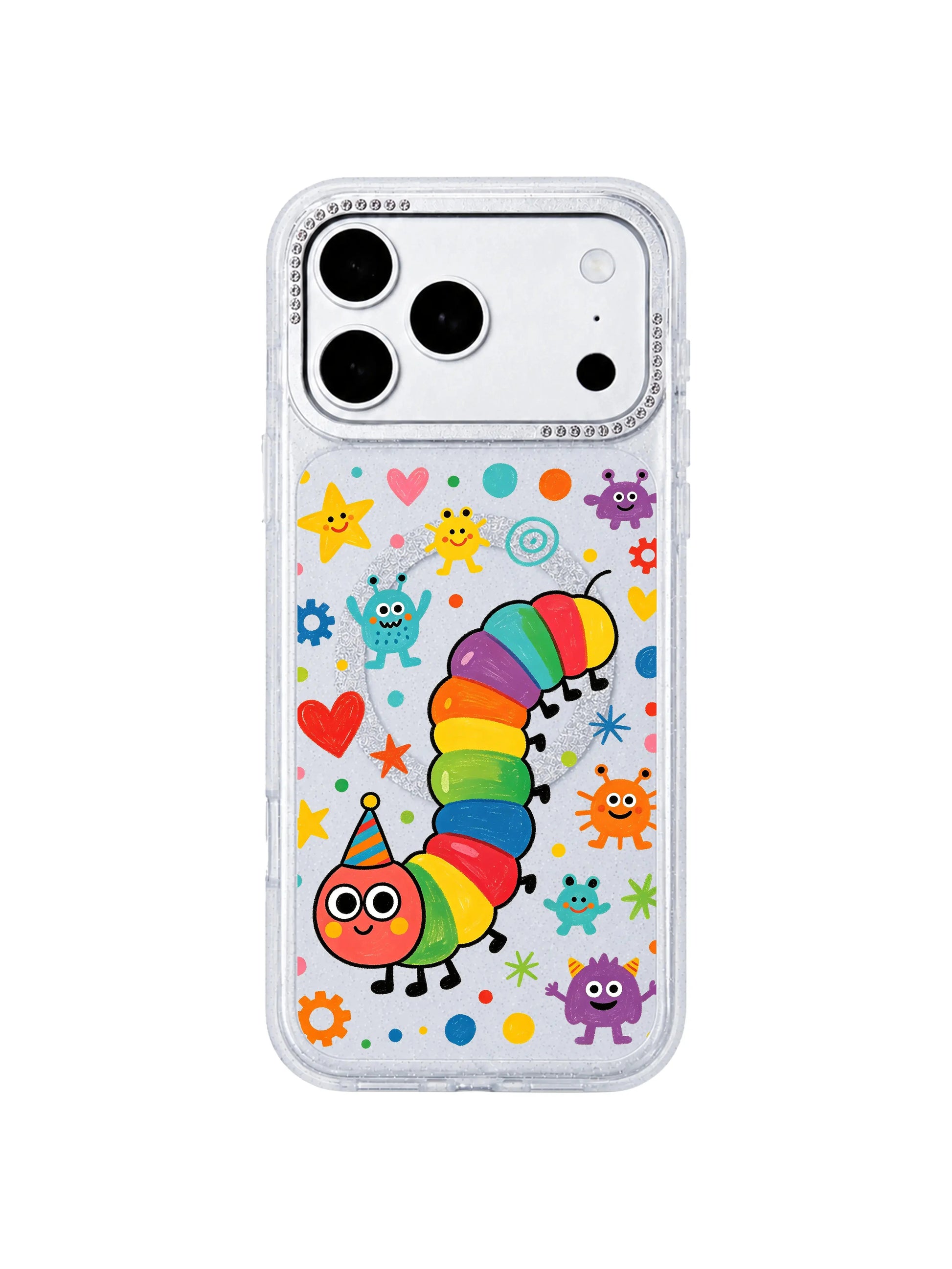 PhoneCasing macro art close-up of original Milo Popkins Rainbow Caterpillar Dream Factory print on iPhone 17 Pro Max case, fine texture of segmented rainbow caterpillar, tiny blob monsters, gear & heart confetti, fade-resistant UV ink detail shot for iPhone 17 Pro Max casing