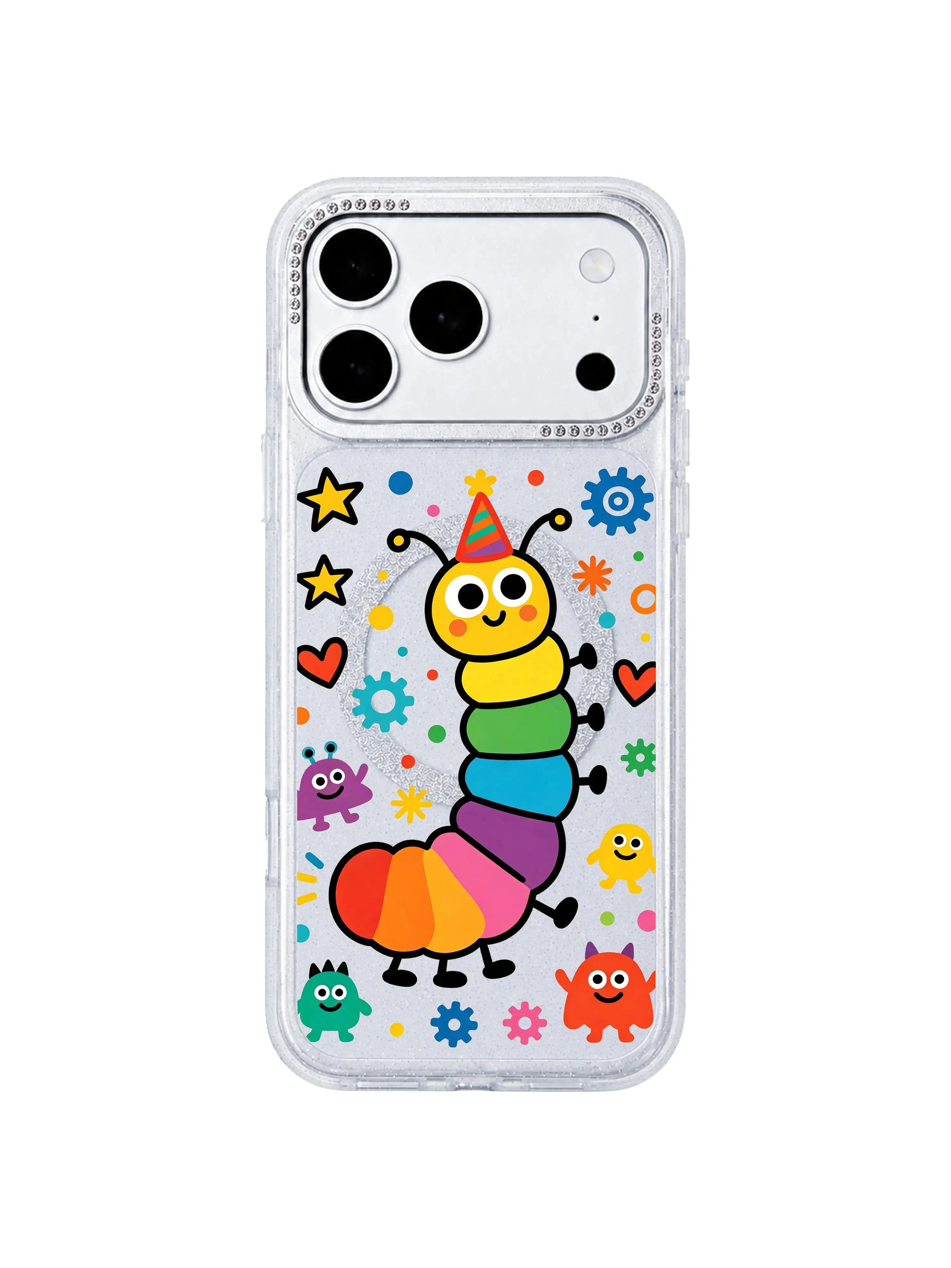 PhoneCasing anti-drop silicone reinforced corner demo shot for Rainbow Caterpillar Dream Factory iPhone 17 Pro Max case, crash resistance visual proof for shockproof iPhone 17 Pro Max protective casing with kidcore caterpillar print