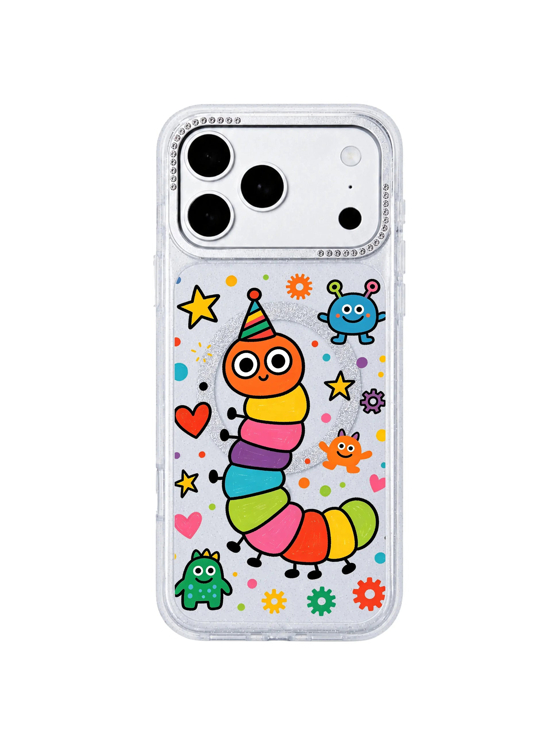 PhoneCasing split dual device mockup showcasing Rainbow Caterpillar Dream Factory iPhone 17 Pro Max case, translucent glitter silicone iPhone 17 Pro Max casing paired with blank silver iPhone 17 Pro Max front panel, full whimsical kidcore caterpillar and monster artwork coverage
