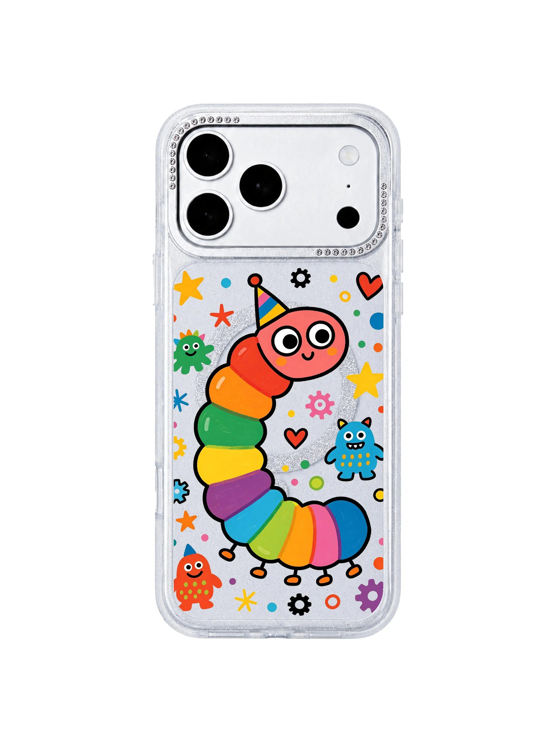 PhoneCasing soft warm indoor cozy atmosphere lifestyle image featuring Rainbow Caterpillar Dream Factory iPhone 17 Pro Max case, relaxed daily carry scene with whimsical imagination-focused caterpillar print on glitter clear iPhone 17 Pro Max casing