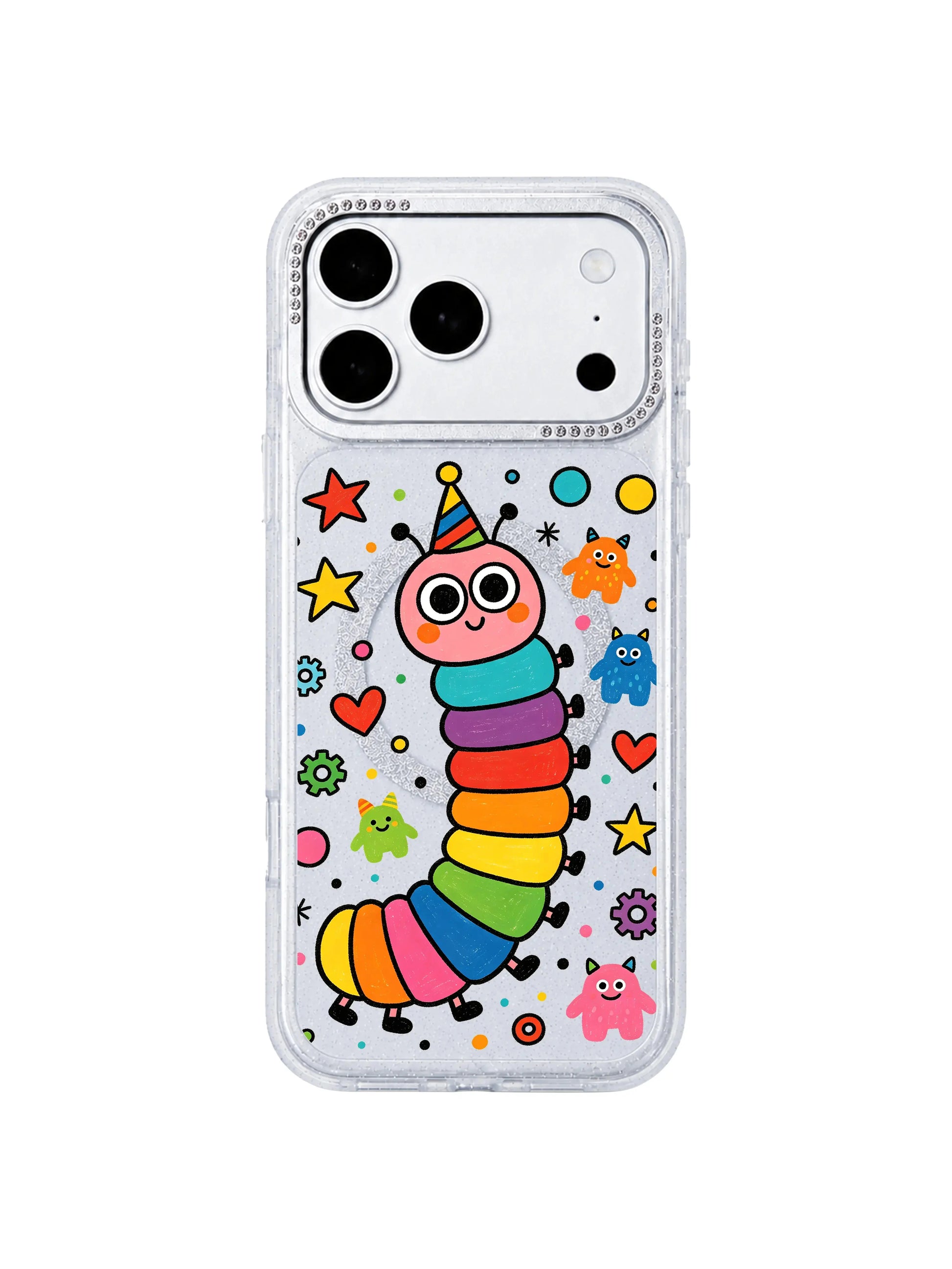  PhoneCasing wide horizontal homepage category banner with full Rainbow Caterpillar Dream Factory pattern grid print on iPhone 17 Pro Max case, complete layout of rainbow segmented caterpillar and colorful blob monster characters, collection hero banner for iPhone 17 Pro Max case category page