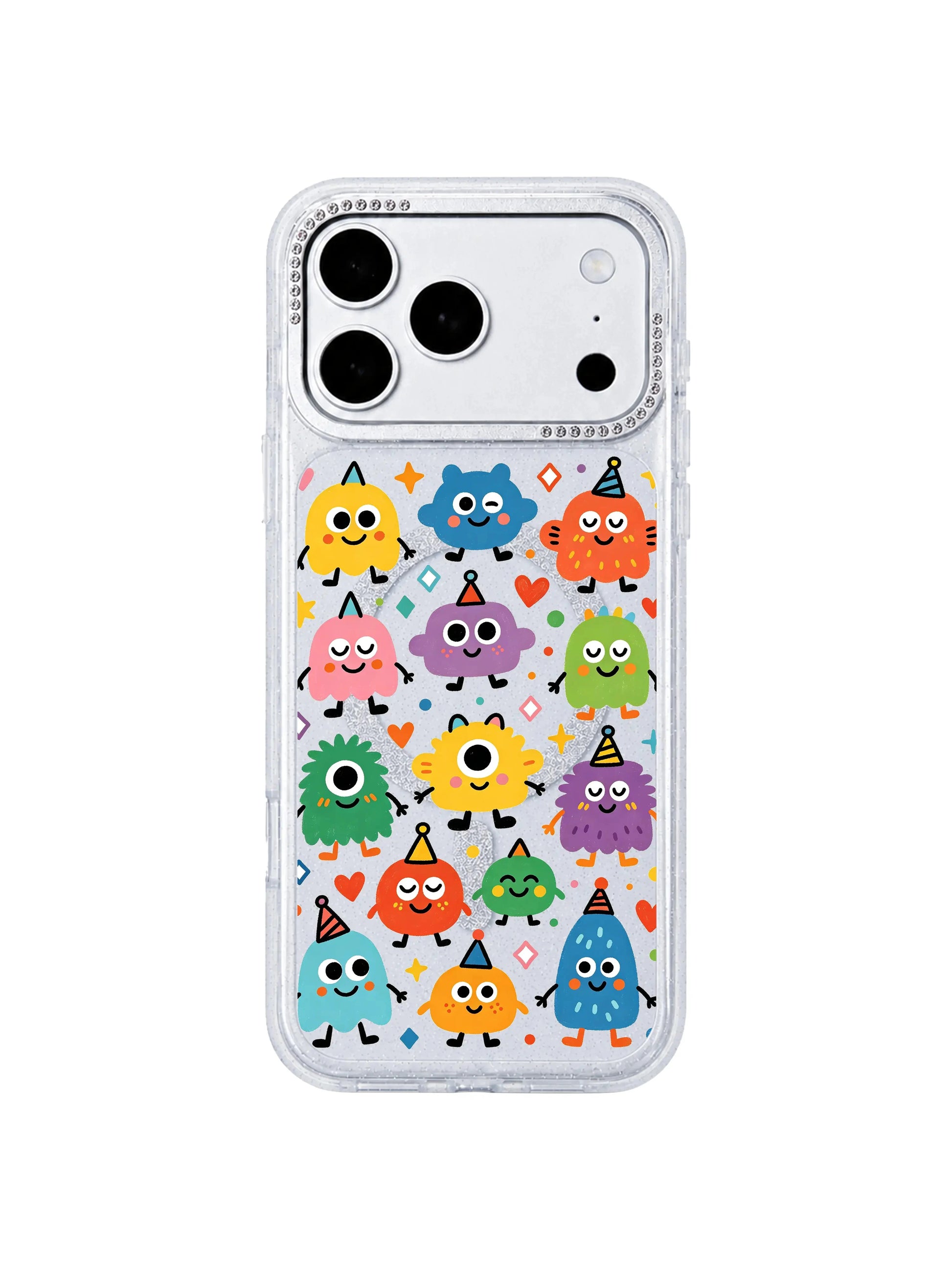 PhoneCasing 45-degree angled mockup listing hero Rainbow Eye Party iPhone 17 Pro Max case, limited-edition whimsical party doodle casing for store front page traffic