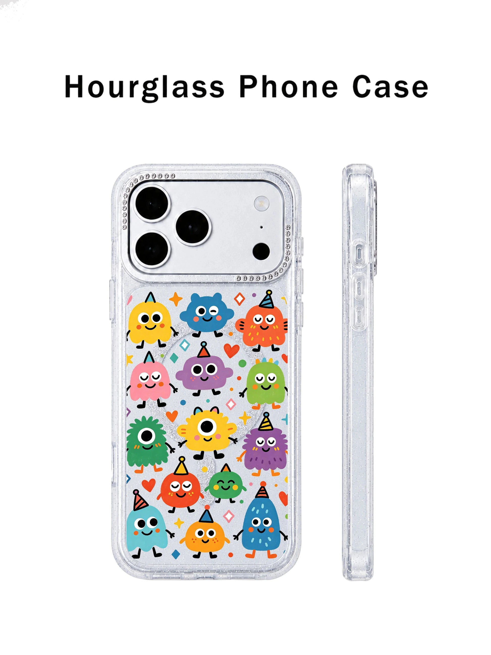 PhoneCasing cozy indoor home styling cover shot Rainbow Eye Party iPhone 17 Pro Max casing, gentle playful party monster case as front page aesthetic hero asset