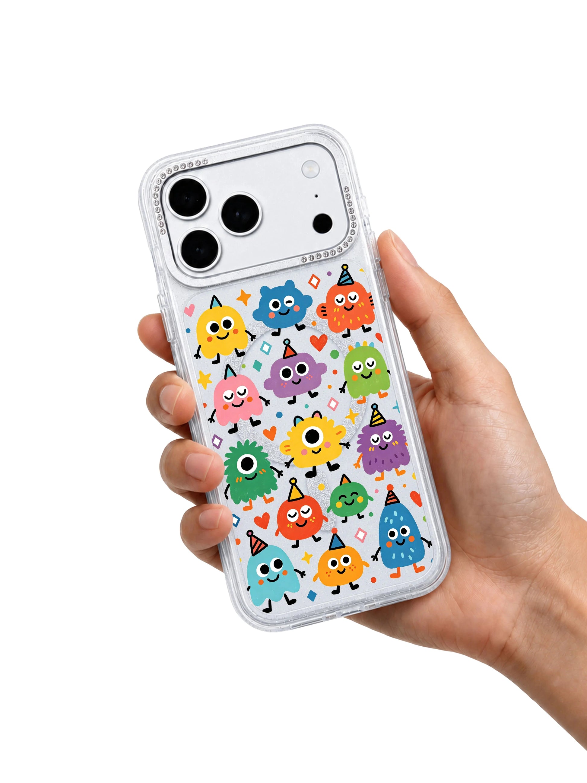 PhoneCasing detached minimalist mockup ad banner Rainbow Eye Party iPhone 17 Pro Max casing, lightweight shockproof artist case fully compatible with iPhone 17 Pro Max ports