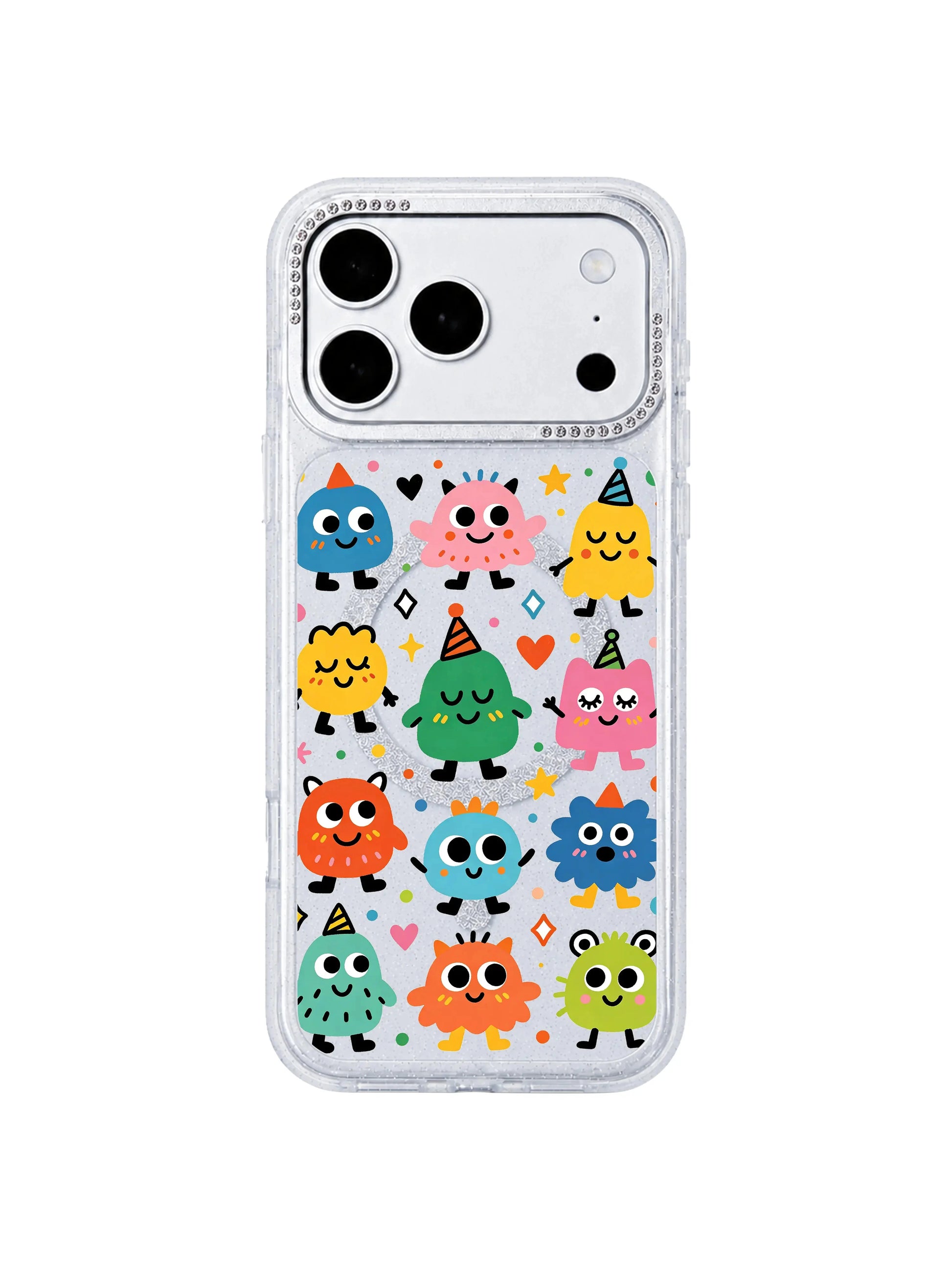 PhoneCasing full pattern front page display of Rainbow Eye Party iPhone 17 Pro Max casing, complete archival wearable art print featuring expressive little party monster characters