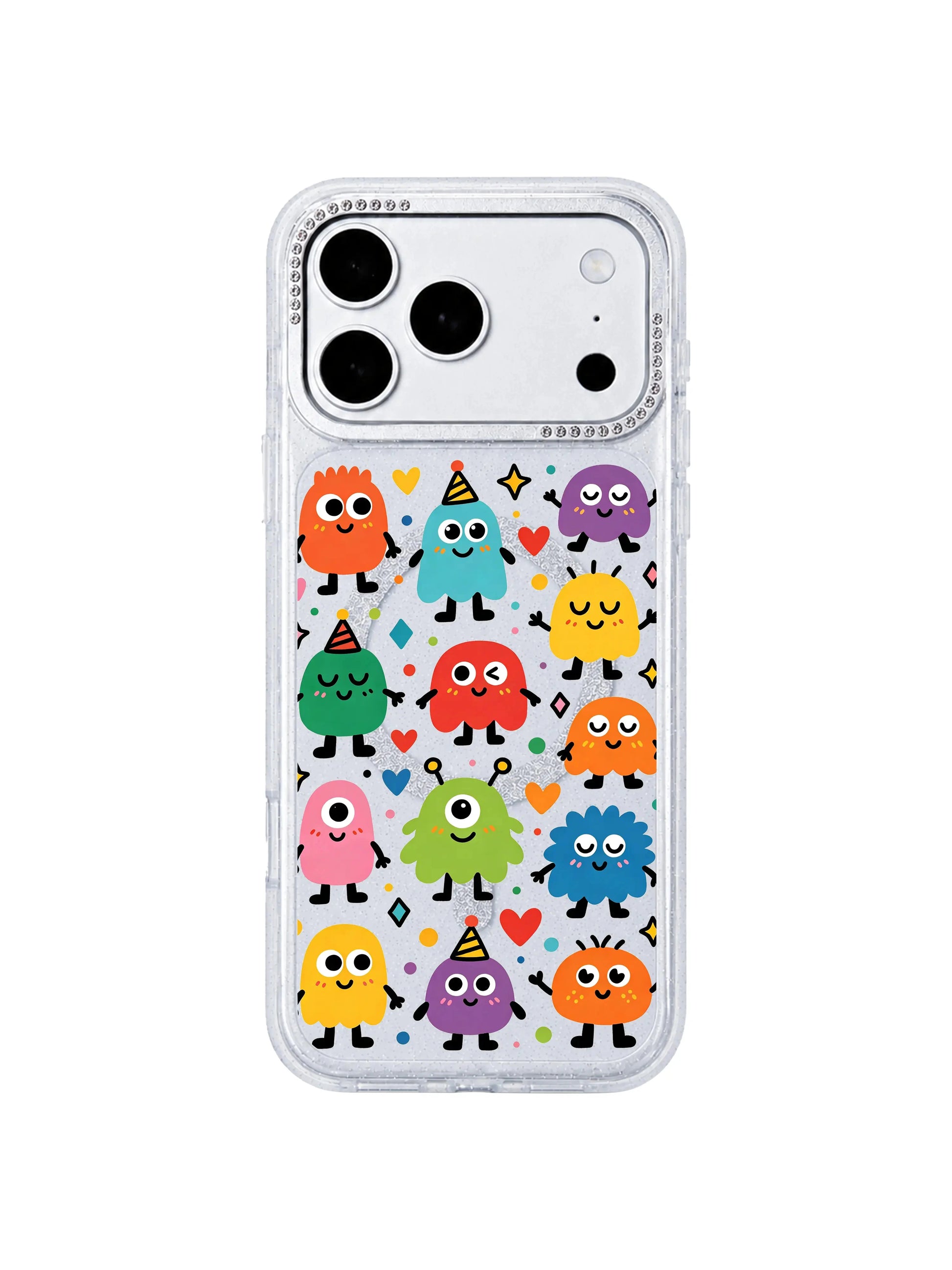 PhoneCasing gift flat lay conversion main image Rainbow Eye Party iPhone 17 Pro Max casing, colorful party themed phone case perfect for birthday presents for iPhone 17 Pro Max users